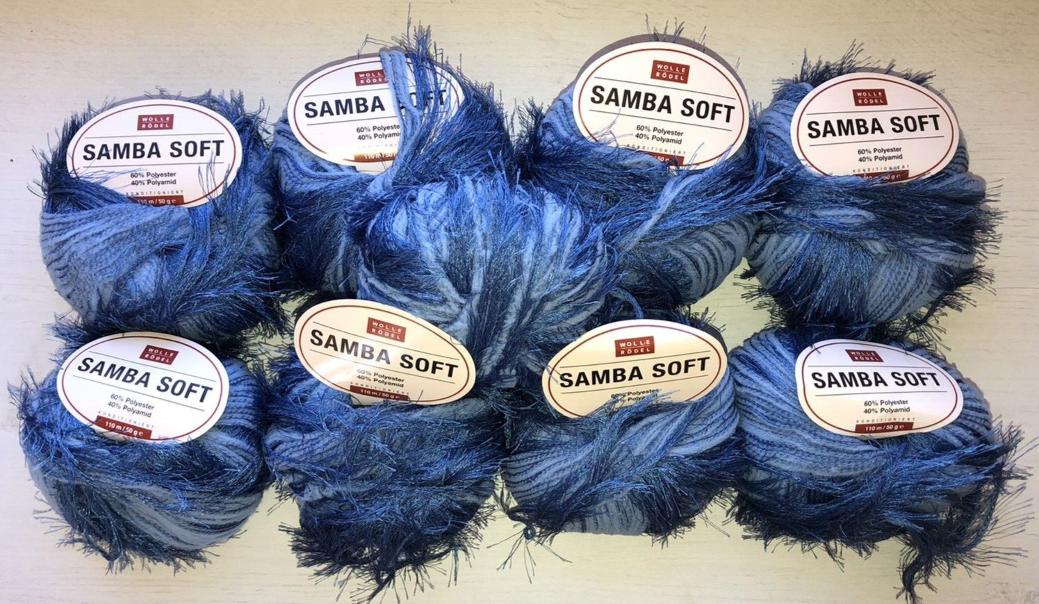 Lot of 9 Skeins SAMBA SOFT by Wolle Rodel Blue Eyelash Yarn 110m/50g each