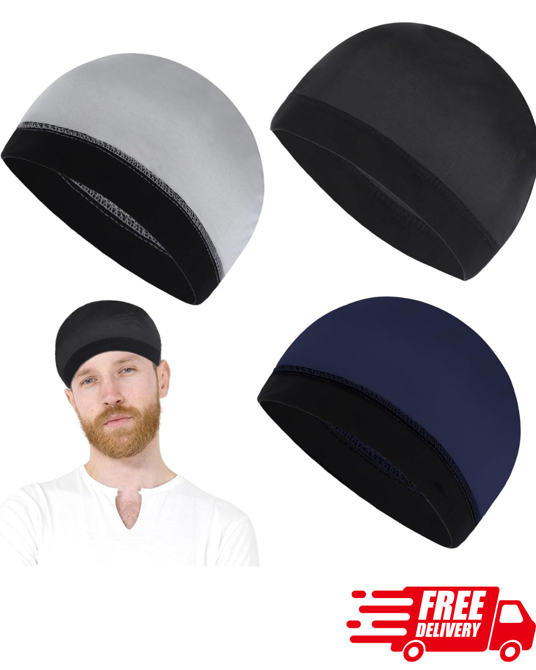 3-Pack Skull Caps for Men, Helmet Liner Sweat-Wicking Beanie for Running Cycling