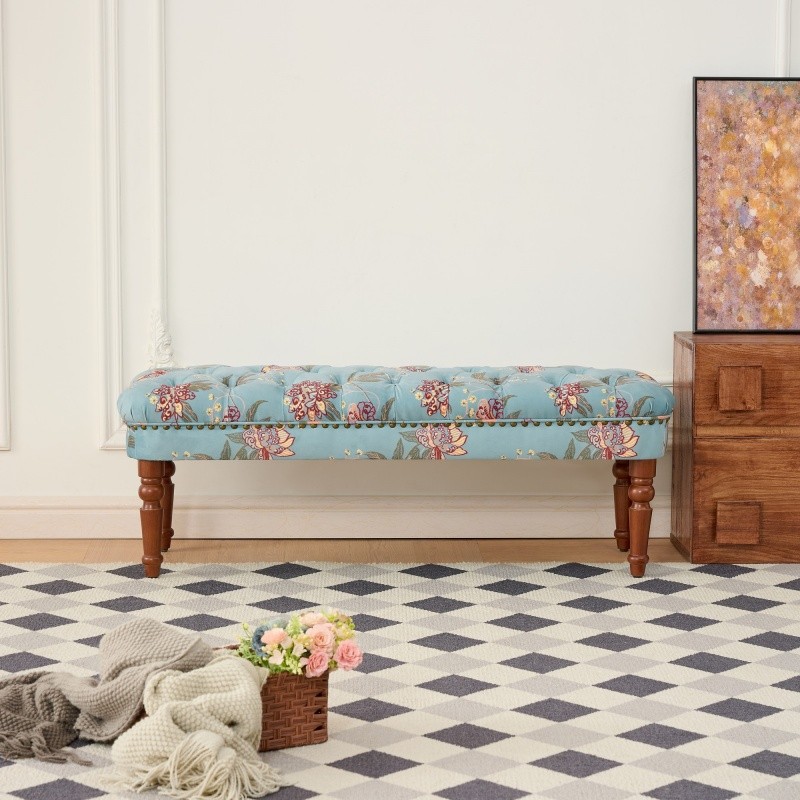 Classic Upholstered Button-Tufted Entryway Bench Ottoman with Turned Wood Legs