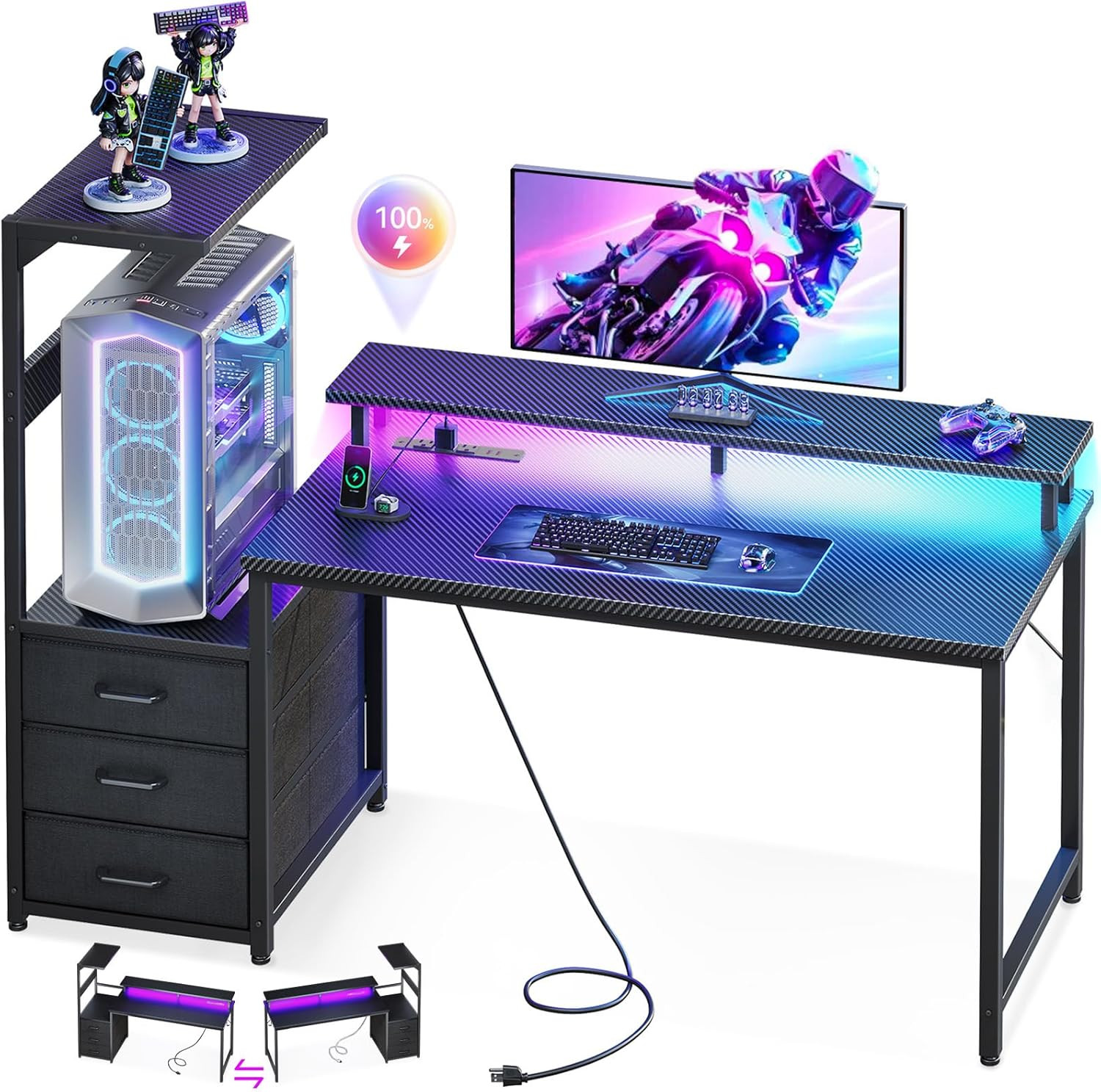 52" Gaming Desk with USB Ports & LED Light - Modern Office Desk, Black