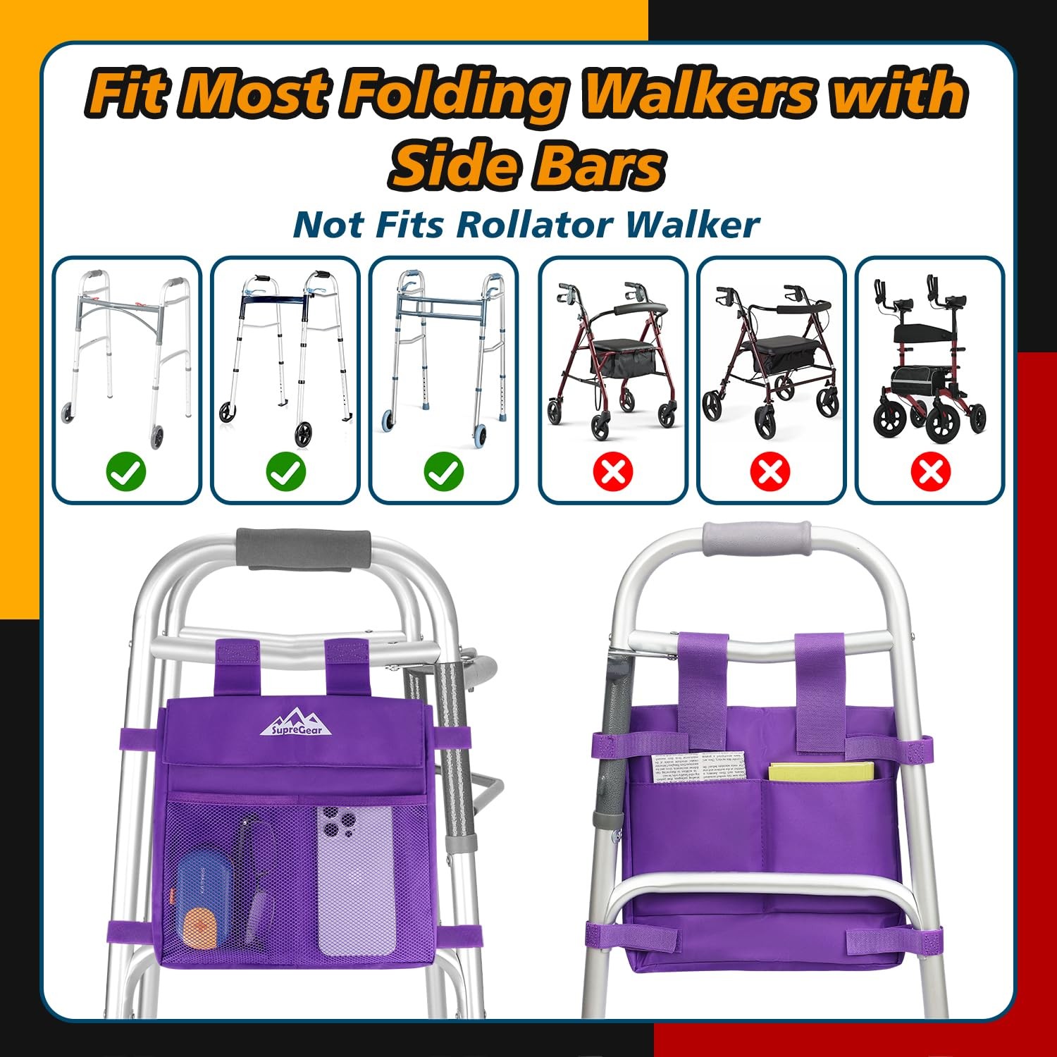 supregear Walker Side Bag, Multi Pocket Storage Pouch for Folding Walker, Wat...