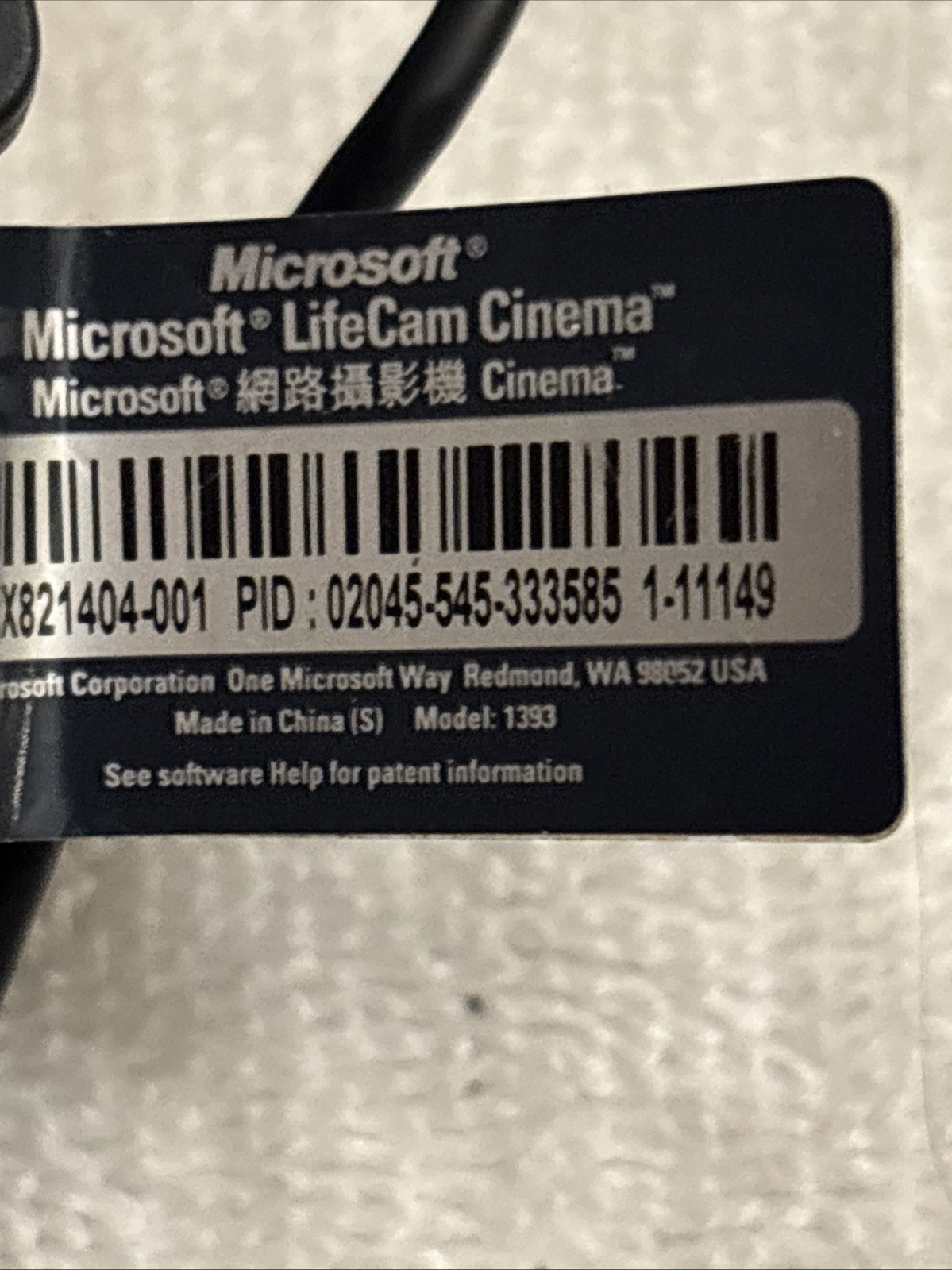 Microsoft LifeCam Cinema 720p HD USB Webcam, Model #1393.