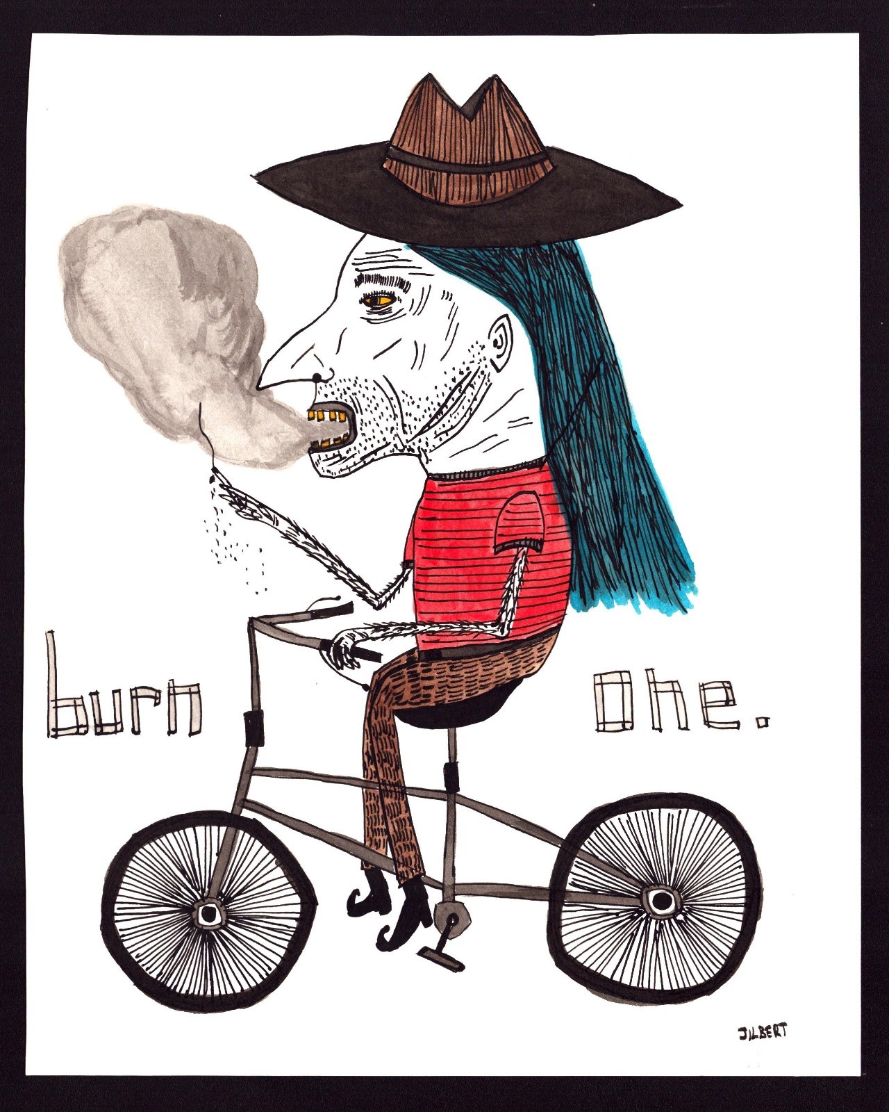 Original BURN ONE Witch Smoking on a Bicycle Drawing Outsider Art SIGNED