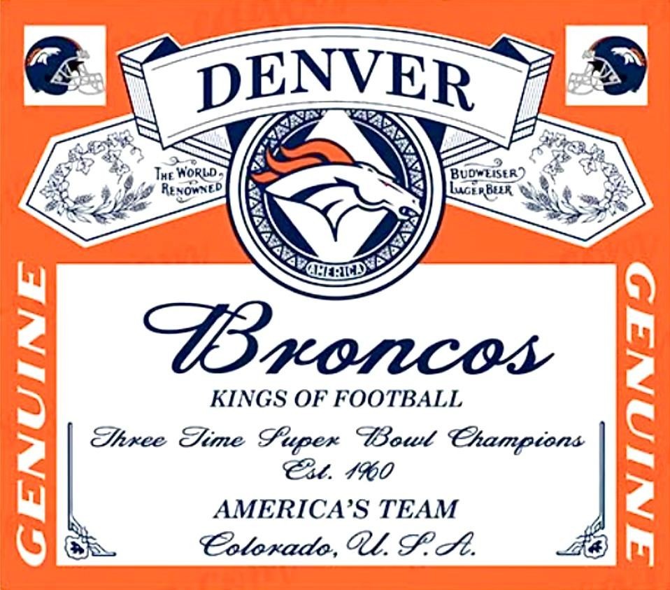 (2) Denver Broncos Waterproof Vinyl Stickers 4x3.5 Bud Beer Labels Decals Wrap