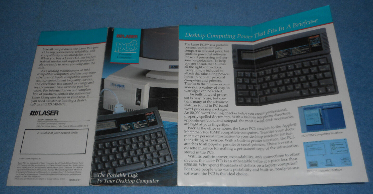 1989 Laser PC3 Portable Computer Advertising Fold-Out Brochure Specifications
