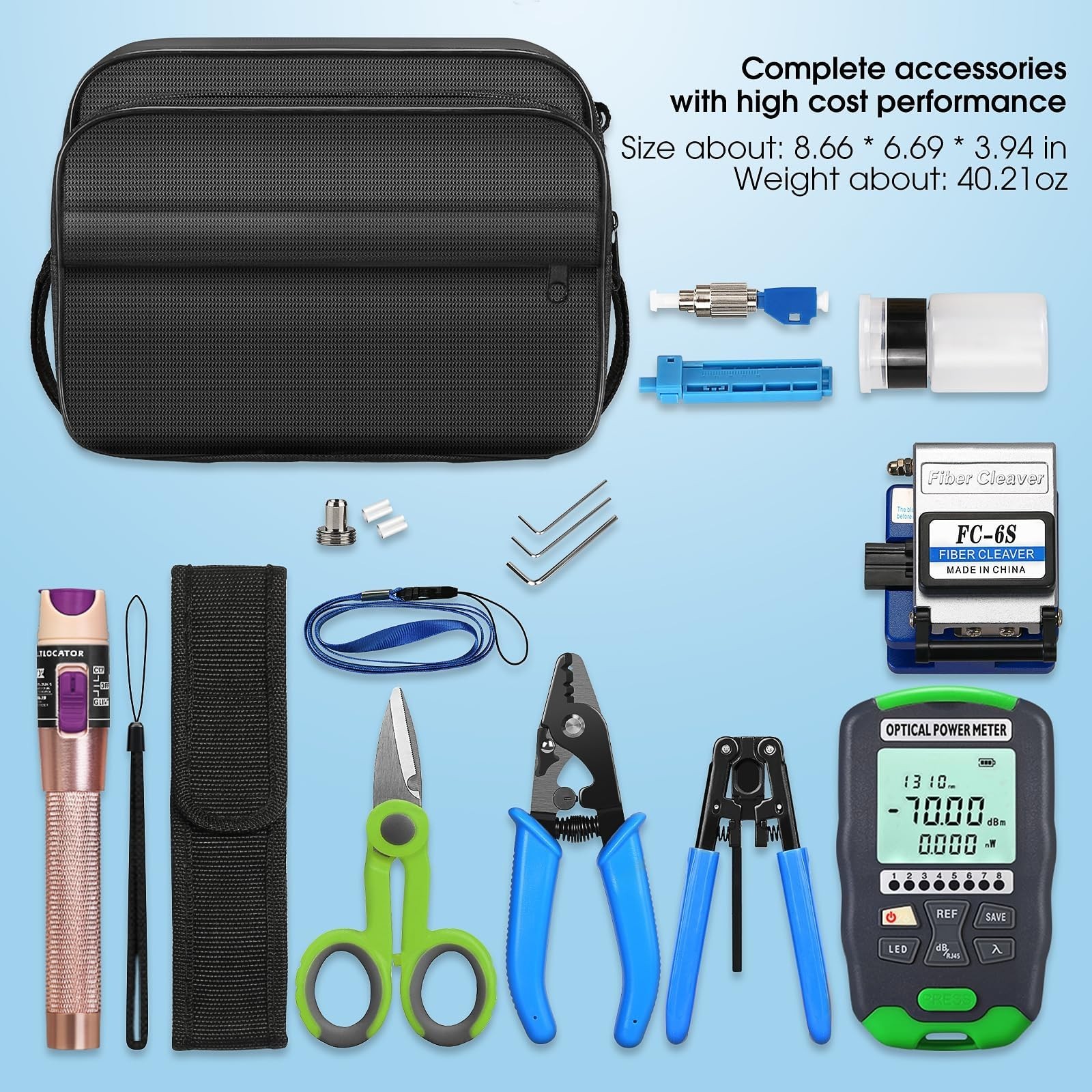 10-in-1 Fiber Optic Termination Tool Kit with Power Meter, Cleaver & Strippers