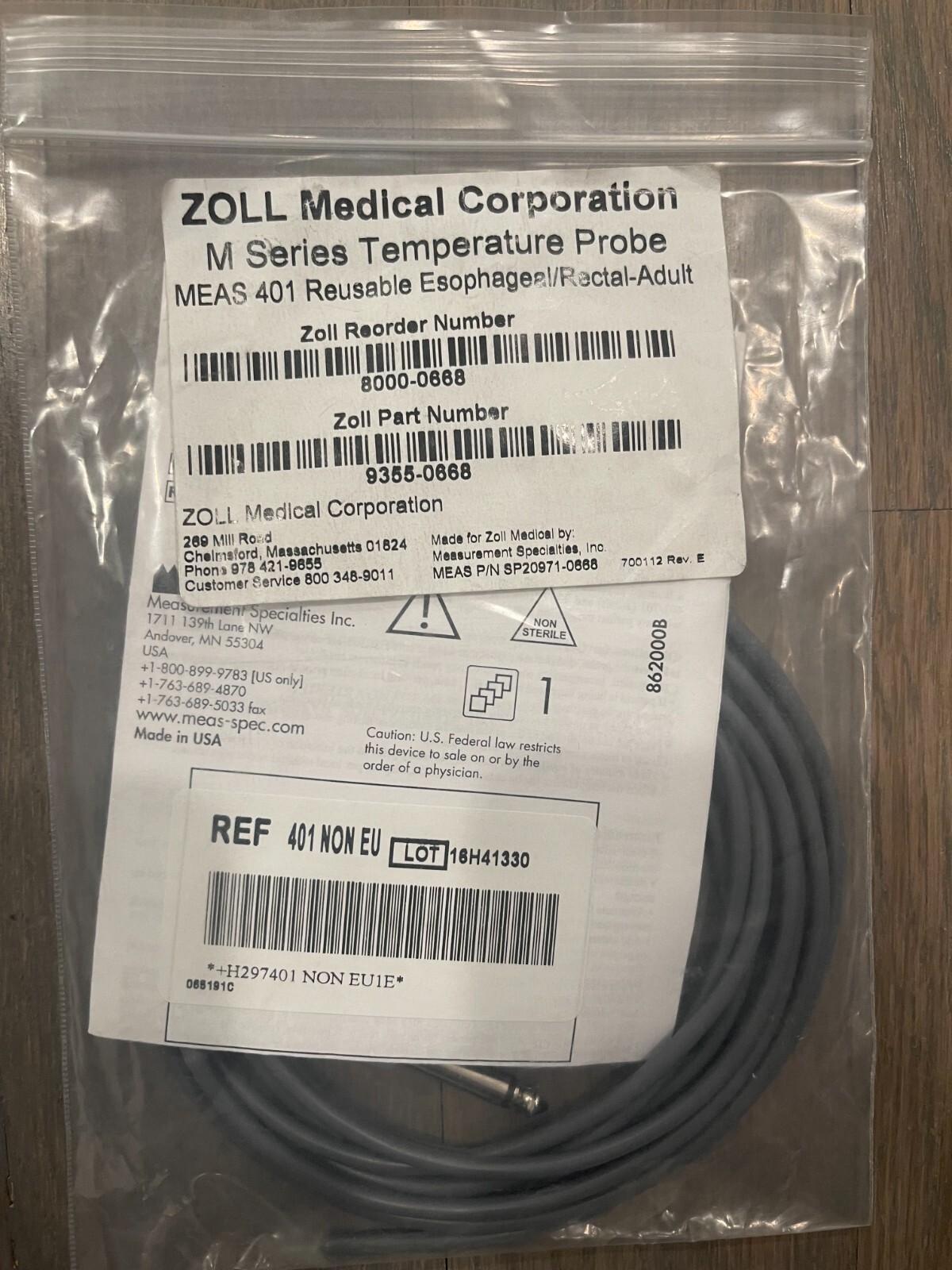 Zoll Reusable Adult Esophageal Rectal Temperature Probe # 8000-0668 # 9355-0668