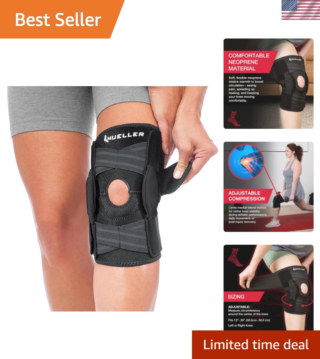 Self-Adjusting Hinged Knee Brace for Pain Relief - Unisex, One Size Fits Most