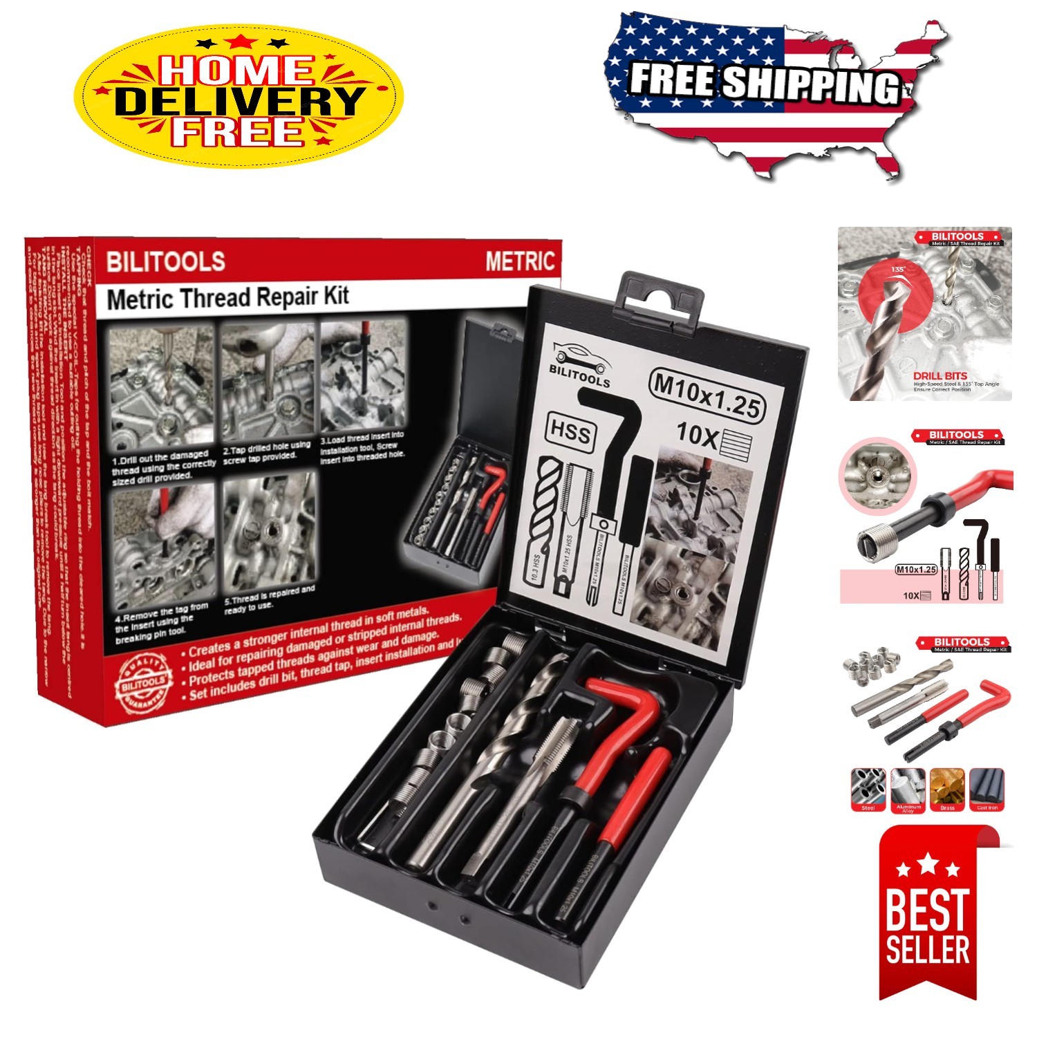 M10x1.25 Thread Repair Kit - HSS Drill & Stainless Steel Inserts Included
