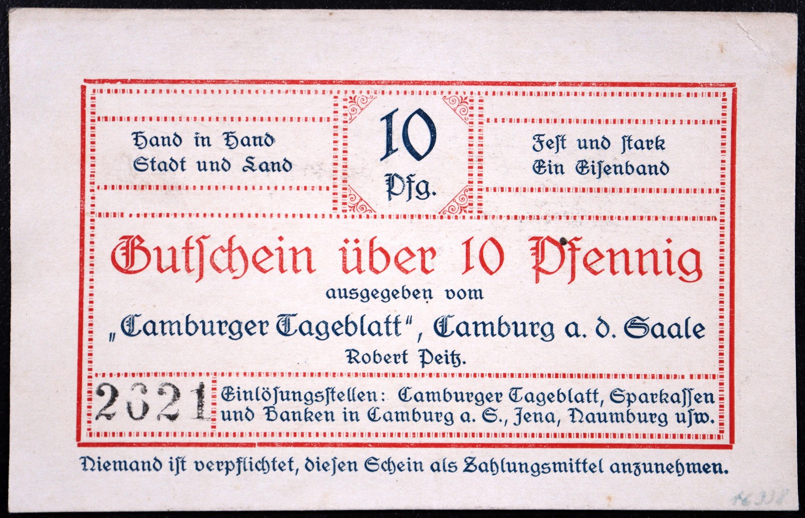 CAMBURG 1921 XX-RARE "Camburger Tageblatt" 10 Pfennig Complete German Notgeld