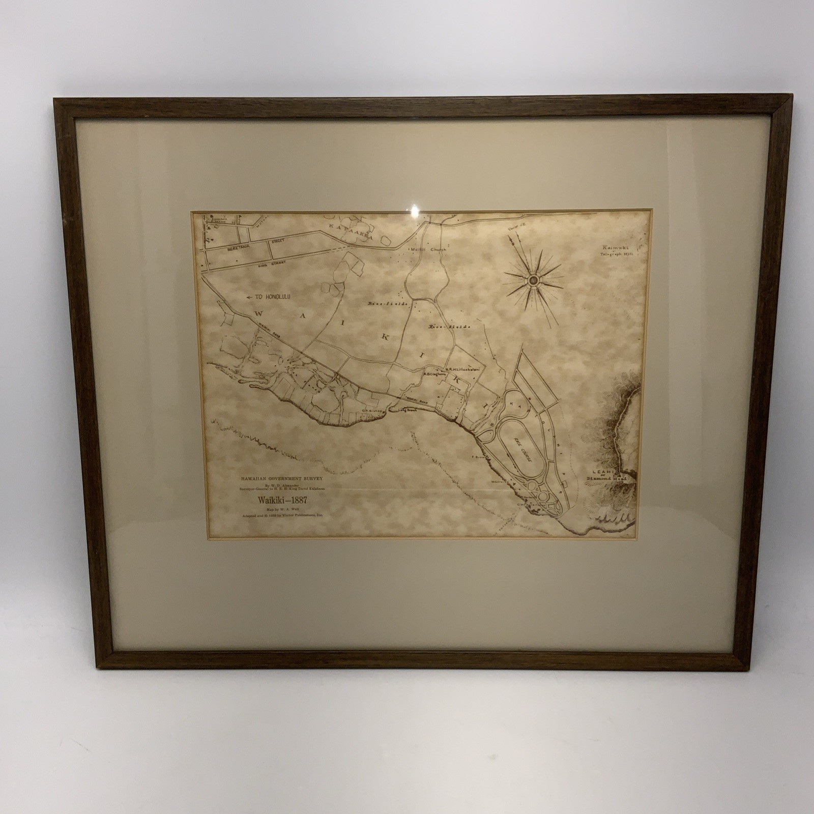 Hawaiian Government Survey Map Of Waikiki 1887 (repo 1969) Framed