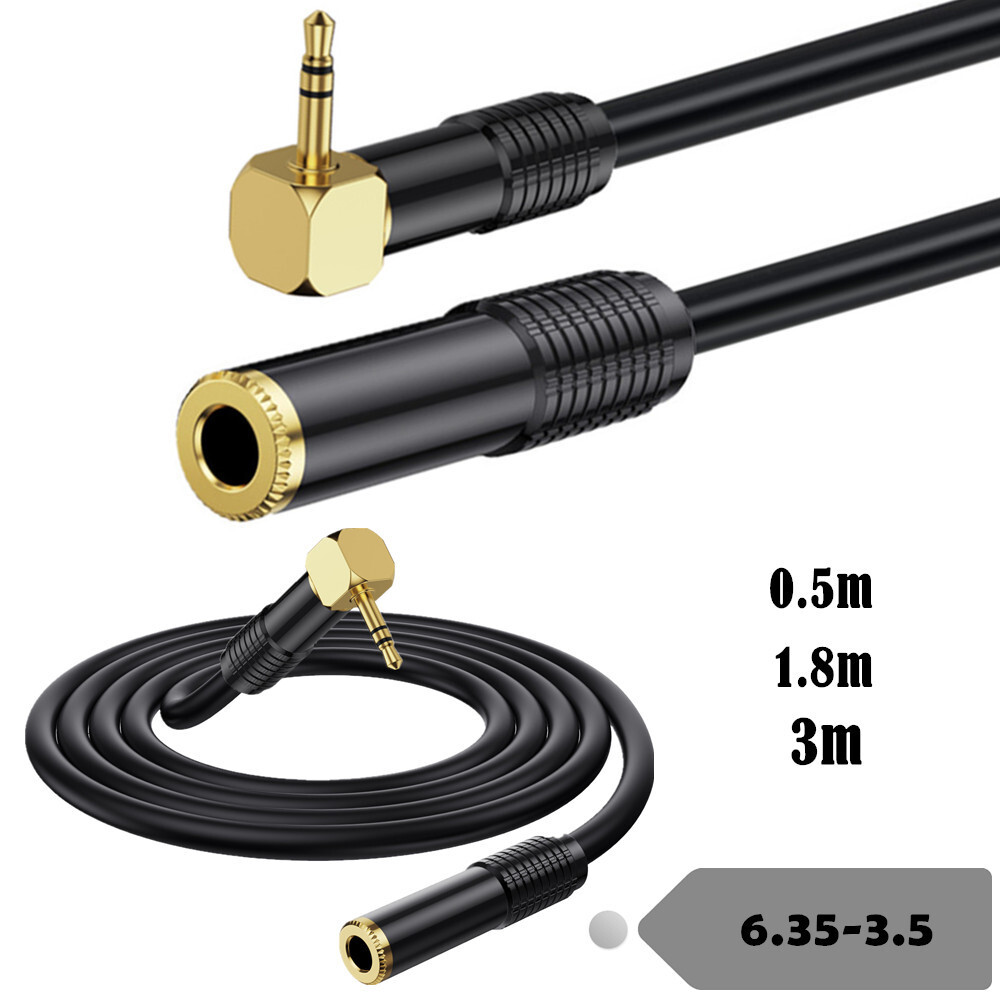90 Degree 6.35mm TRS Female to 3.5mm Male Jack Stereo Hifi Audio Extension Cable