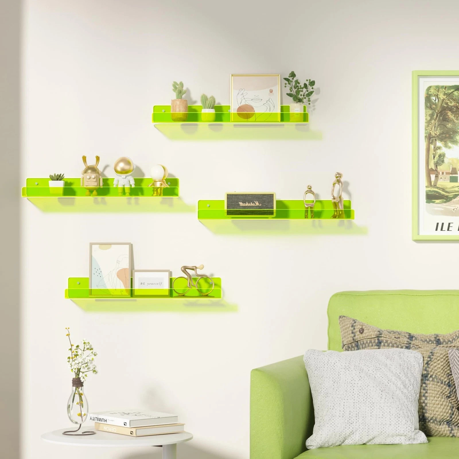 Acrylic Wall Display Shelves 15in Organizer, Clear Fluorescent Green, 4-Pack