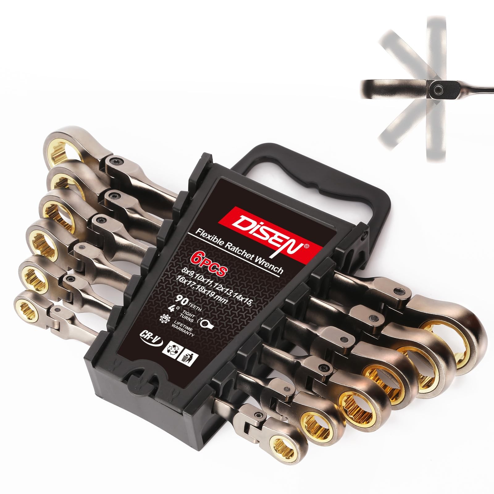 DISEN 6pc 90TFlex Head Ratcheting Wrench Set DoubleBox End Gray NickelCR-V Steel