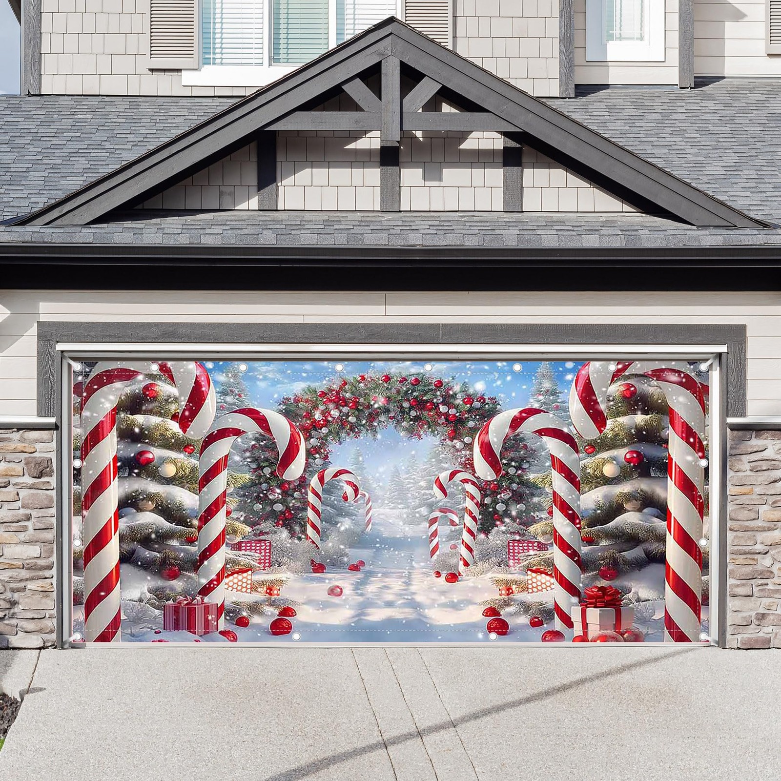 Zthmoe 1Pc 16X7Ft Christmas Cane Candy Garage Door Banner Decorations Winter
