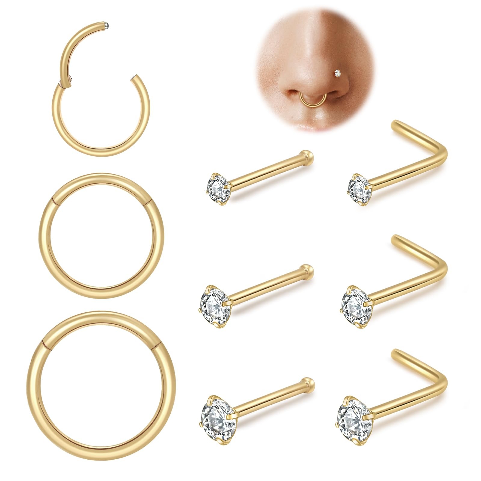 LIHADA 18G Surgical Steel Nose Ring,14K Gold Plated Hypoallergenic A-Gold