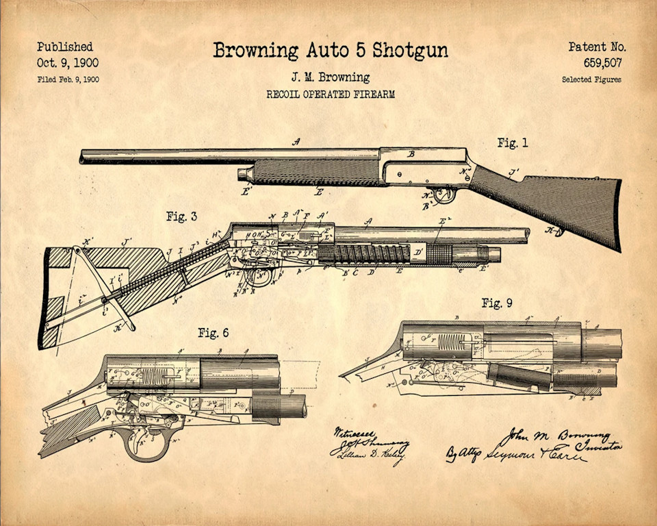 Browning Auto 5  Vintage Patent REPrint  8x10" unframed