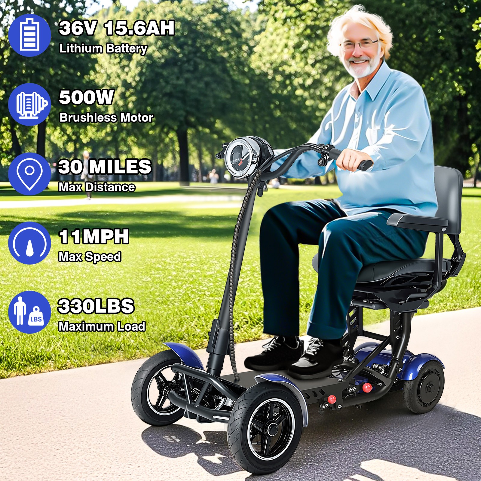 Foldable 4 Wheel Mobility Scooter Folding Drive Device for Seniors Adults US