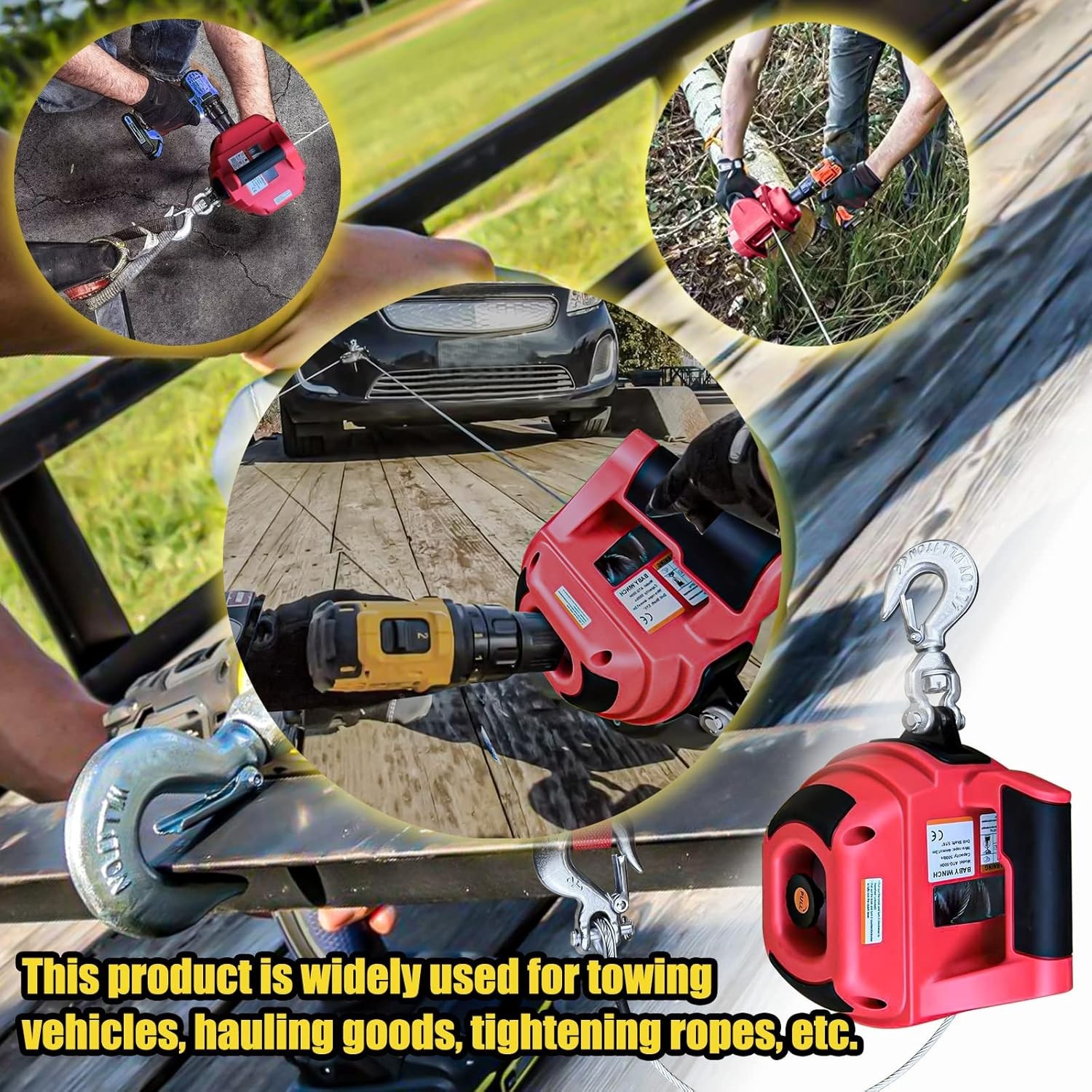 Portable Drill Winch 1000LB Pulling Capacity with 40 Feet Steel Wire Rope