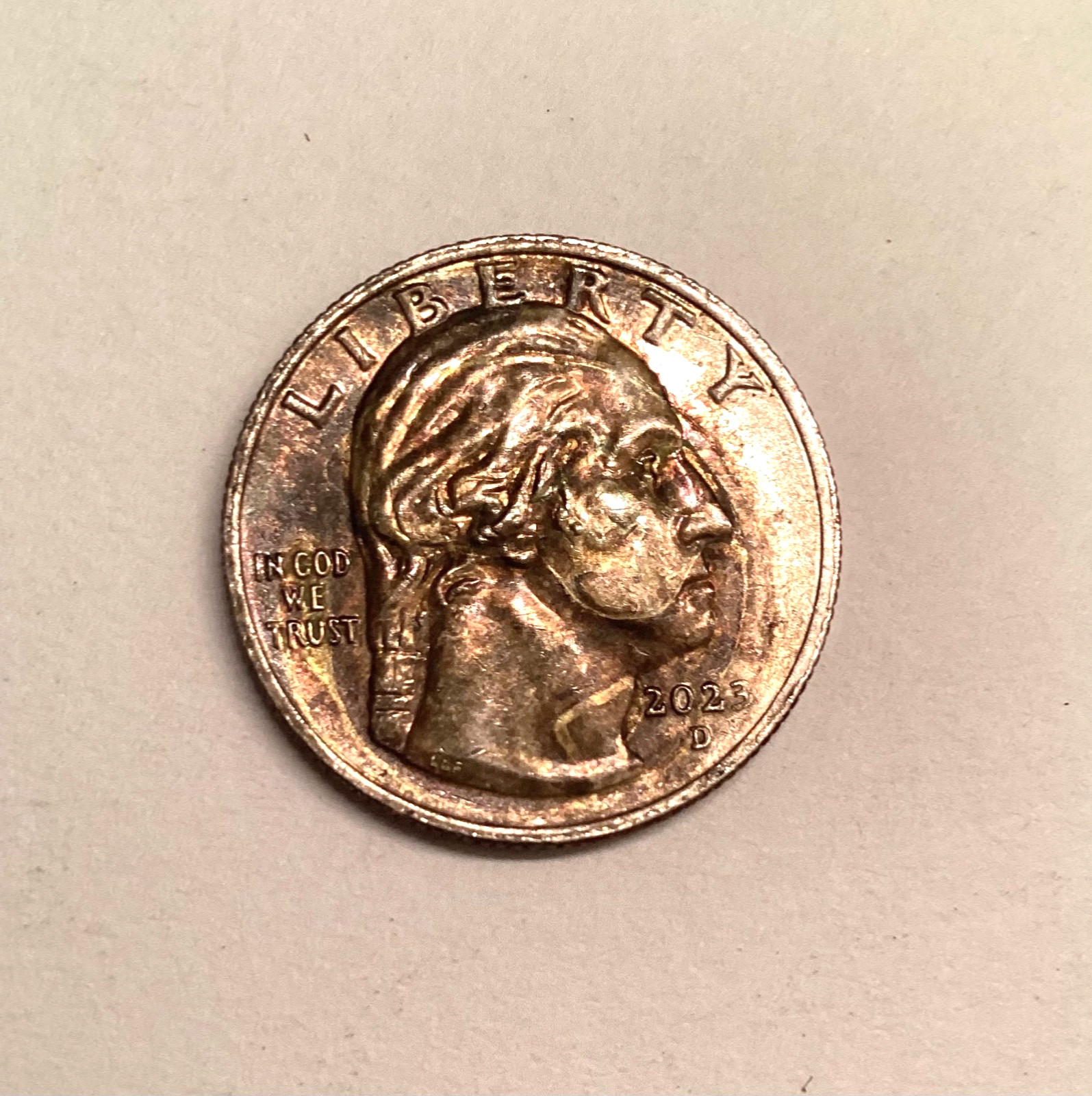2023 D .. US Quarter, Iridescent Rainbow Toned, Unusual Circular Strike Mark