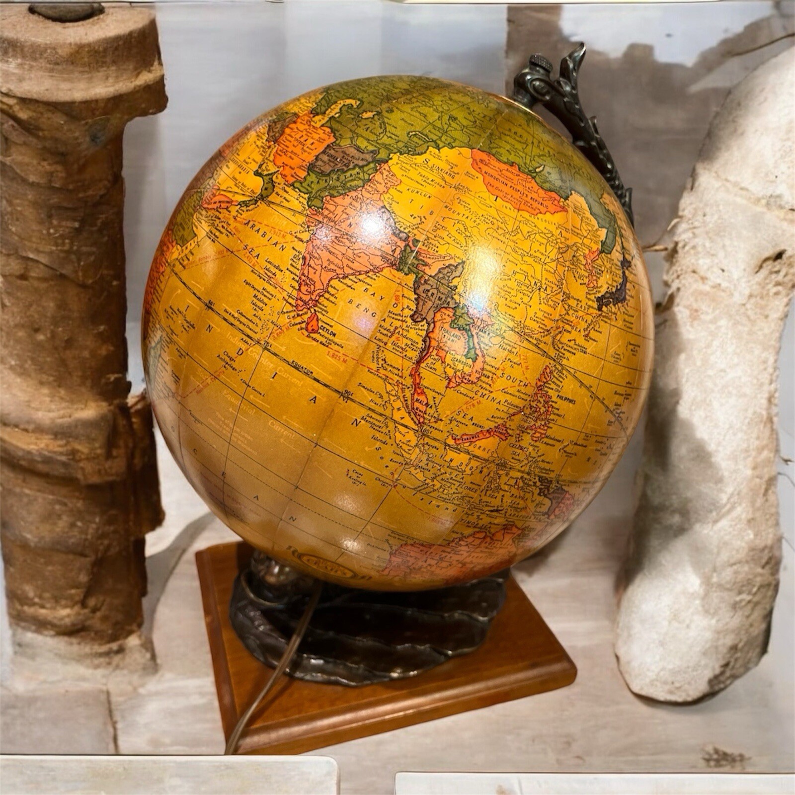 Vtg RARE 1949 Crams 10.5” Illuminated Globe Sea Serpent The Dolphin Art Nouveau
