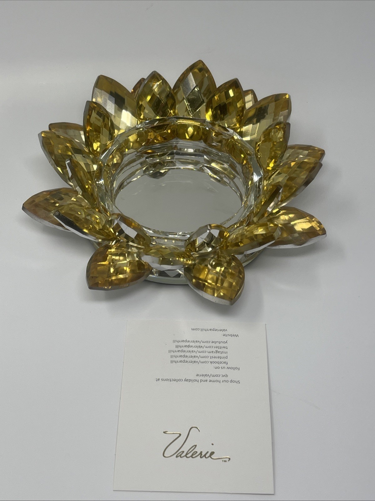 Valerie Hill Mirrored Faceted Glass Lotus GOLD Candle Holder, New