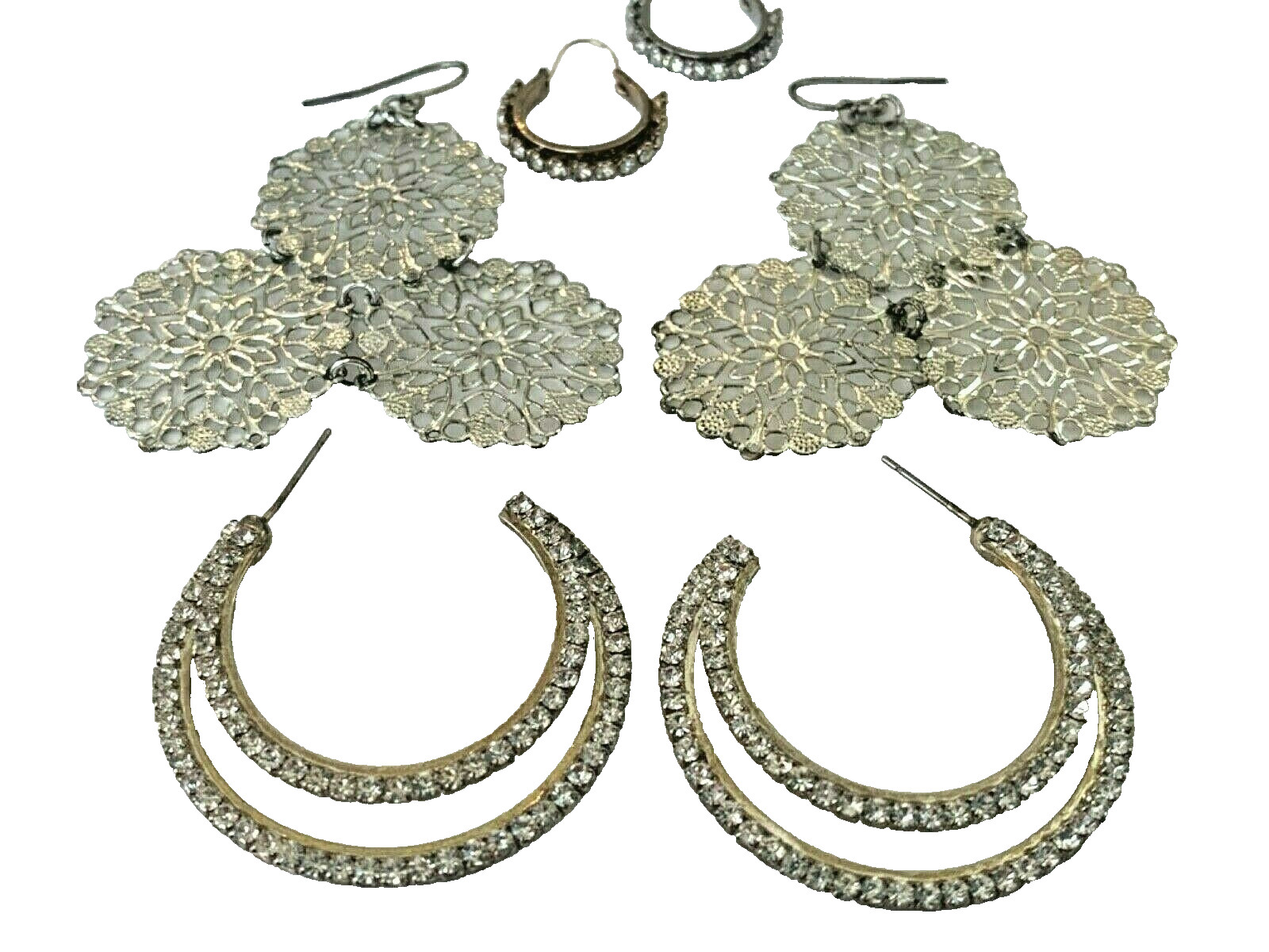 Vintage Earring Lot of 3 pairs Silvertone Hoops & Dangles Rhinestones