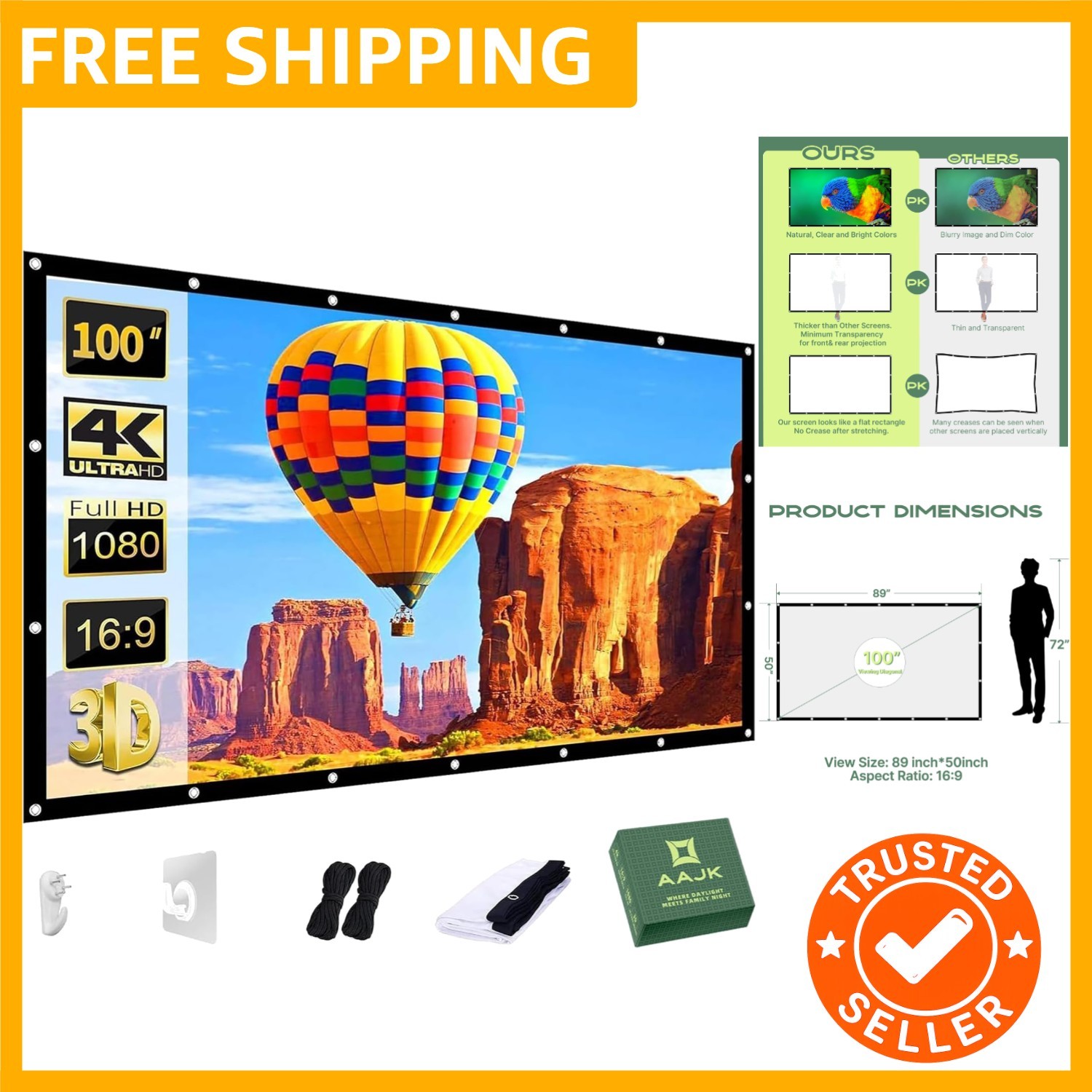 Outdoor Projector Screen 100 inch, Washable Projector Screen 16:9 Foldable An...