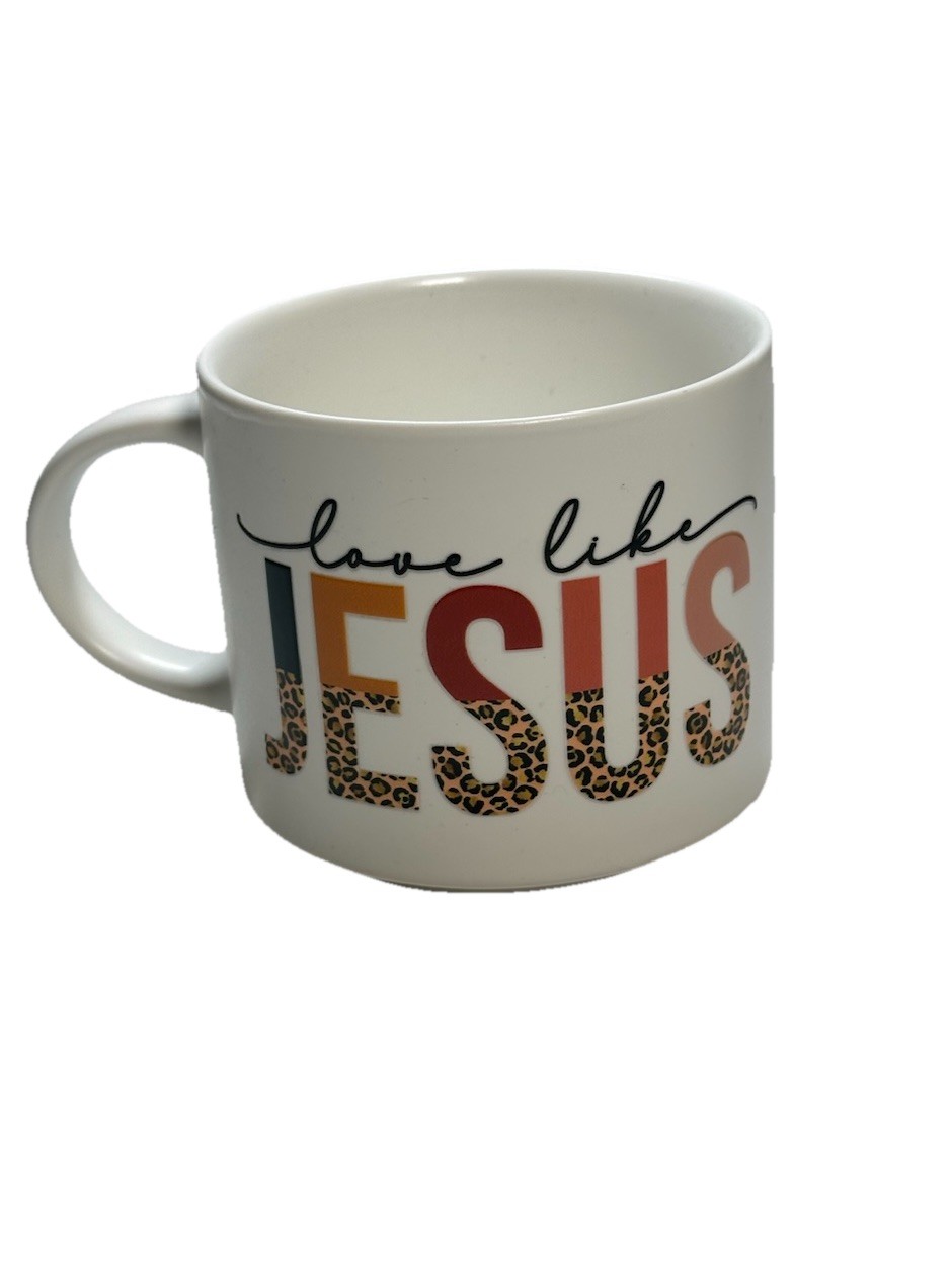 A Love Like Jesus Ceramic Coffee Mug Featuring Colorful Leopard Print Text. New
