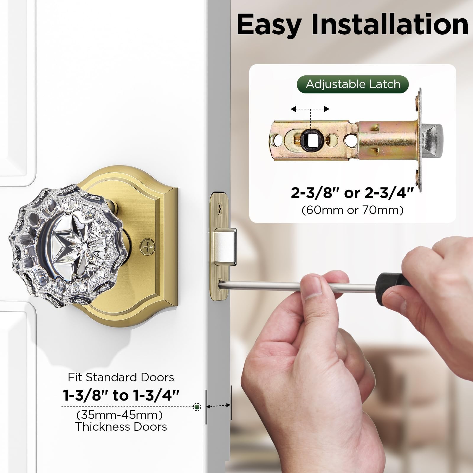 1 Pack Glass Door Knob, Rosette Shaped Crystal Door Knobs with Lock, Satin Br...