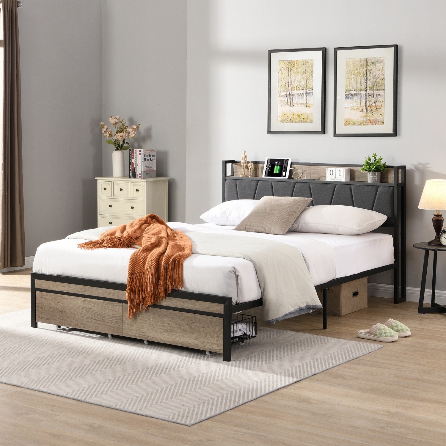 Full Size Bed Frame with Upholstered Headboard Metal Platform Bed w/ 2 Drawers