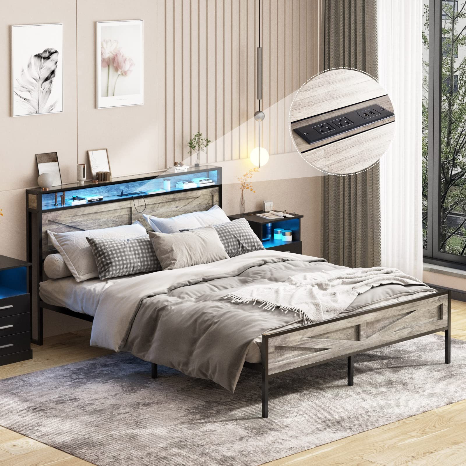 LED Twin Bed Frame Headboard Storage USB Charging Ports Farmhouse Lights Grey