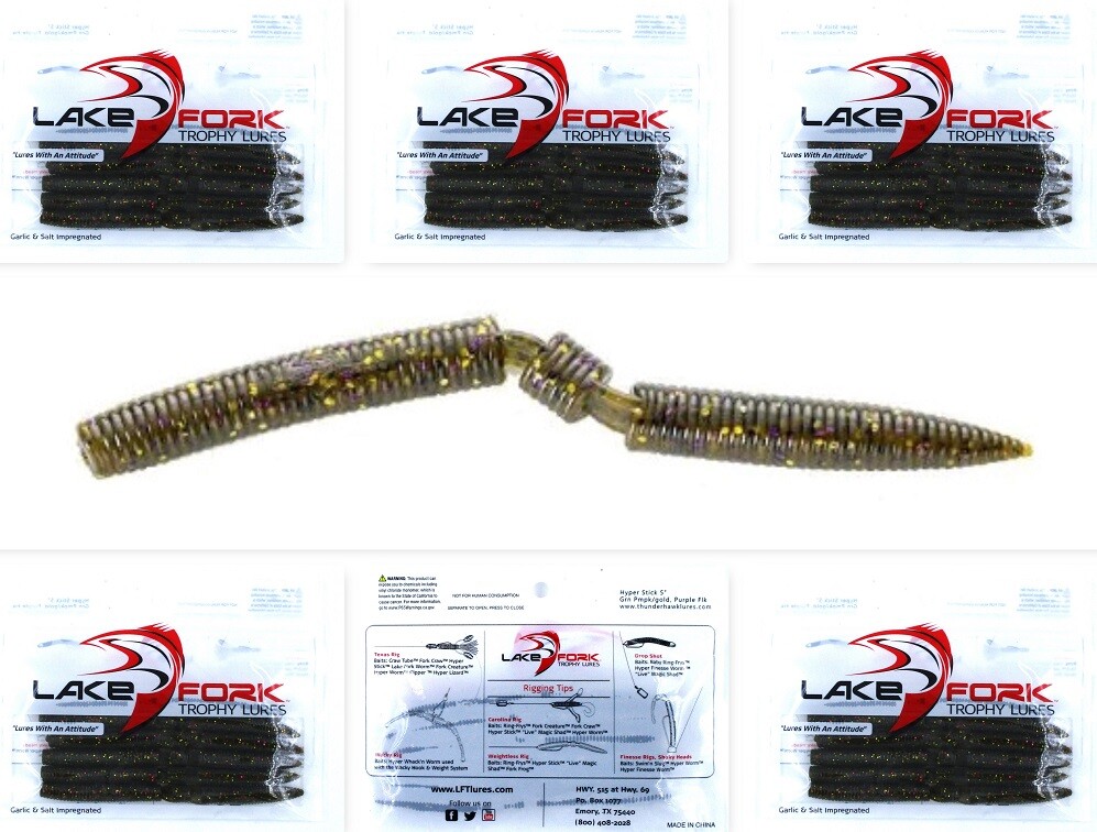 (5) Unopened Bags Lake Fork 5" Hyper Sticks Green Pumpkin Gold Purple Flake New