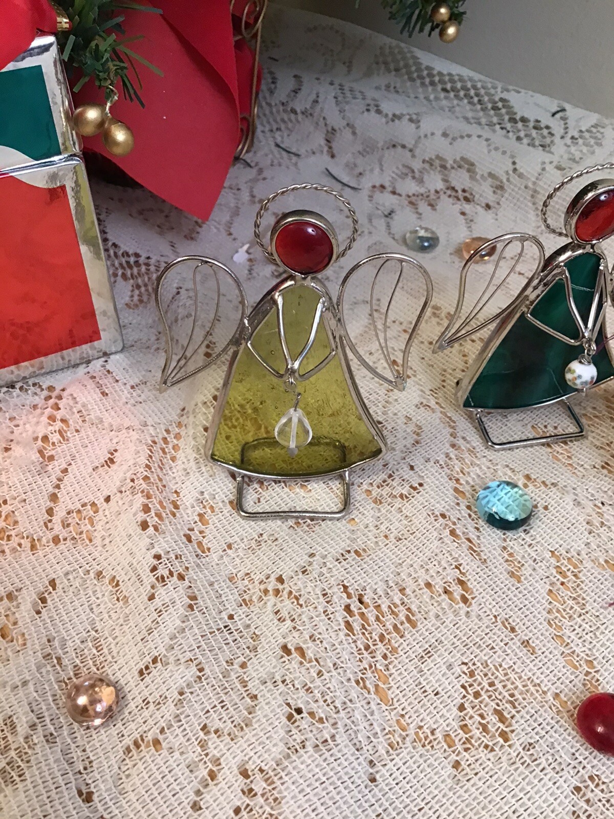 3 Stained Glass Angels - Green & Yellow Sun catchers / Ornaments - Free Standing