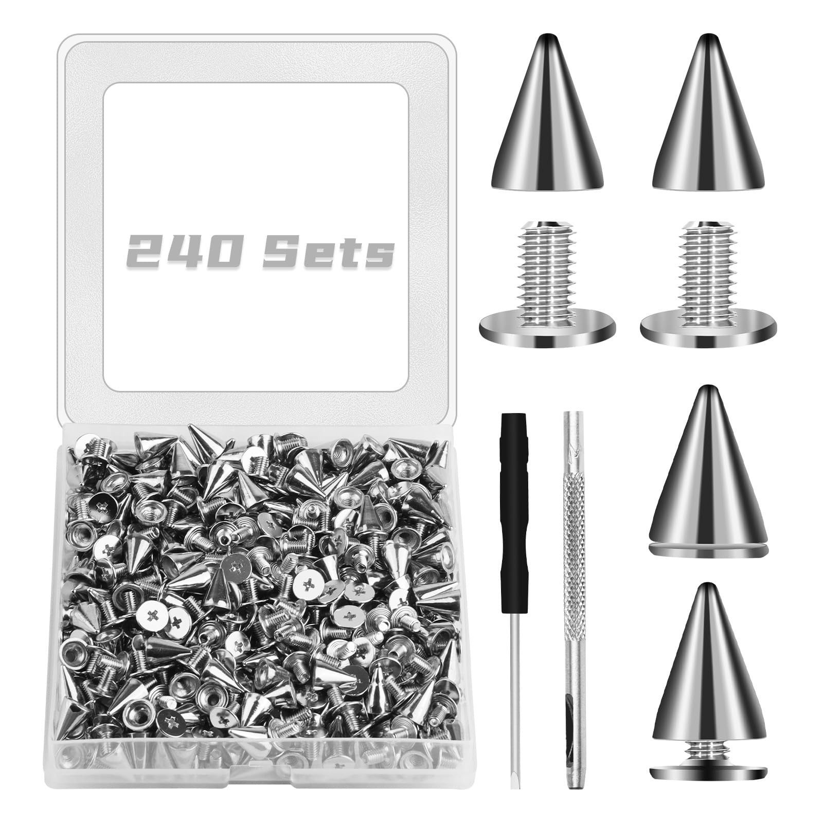 240 Sets 9.5 MM Cone Spikes Screwback Studs Punk Spikes and Studs Kit for Pun...