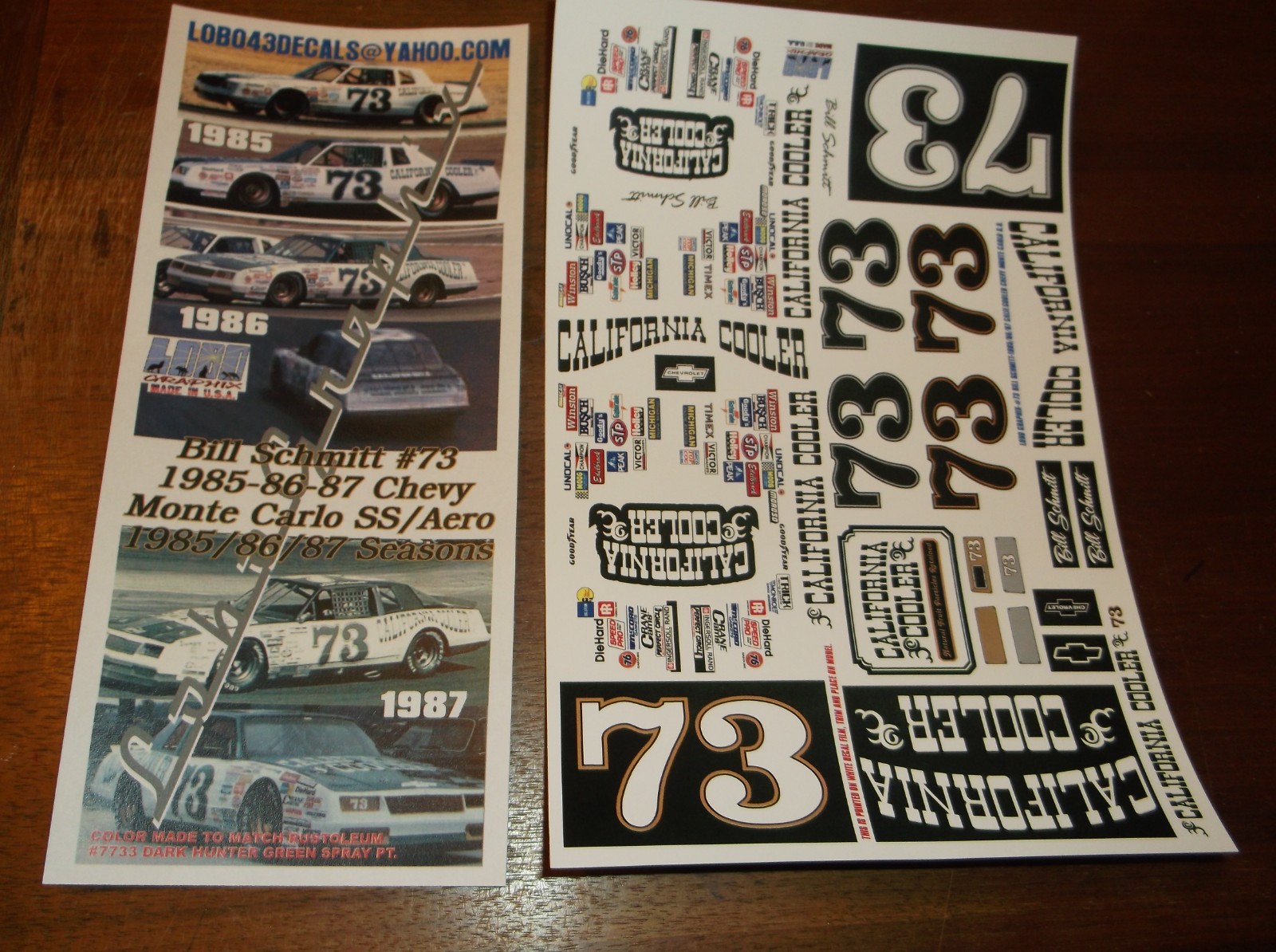 Bill Schmitt #73 1985-87 CALIFORNIA COOLER MC 1/24/25th scale decals LoboGraphix