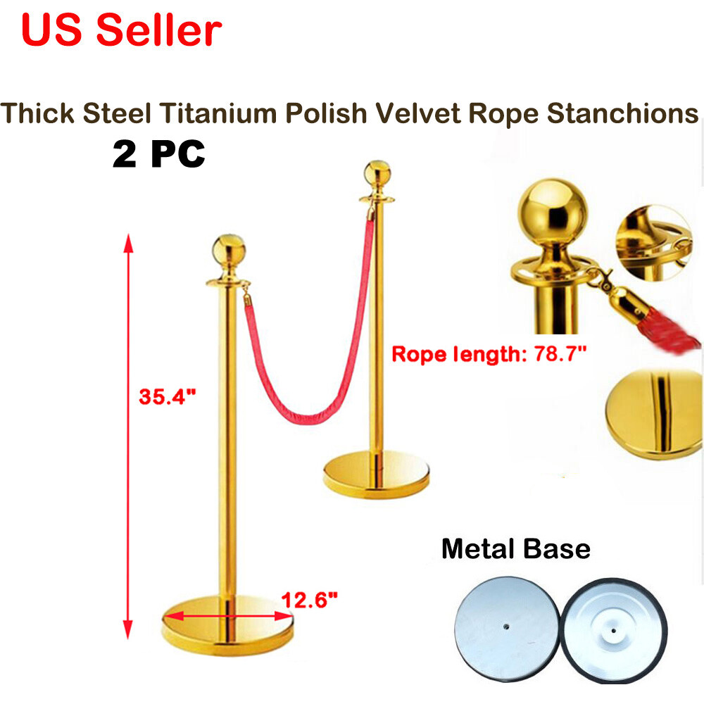 2pcs Gold Steel Velvet Rope Stanchion Titanium Polish Pole Post Red Rope 78.7"L