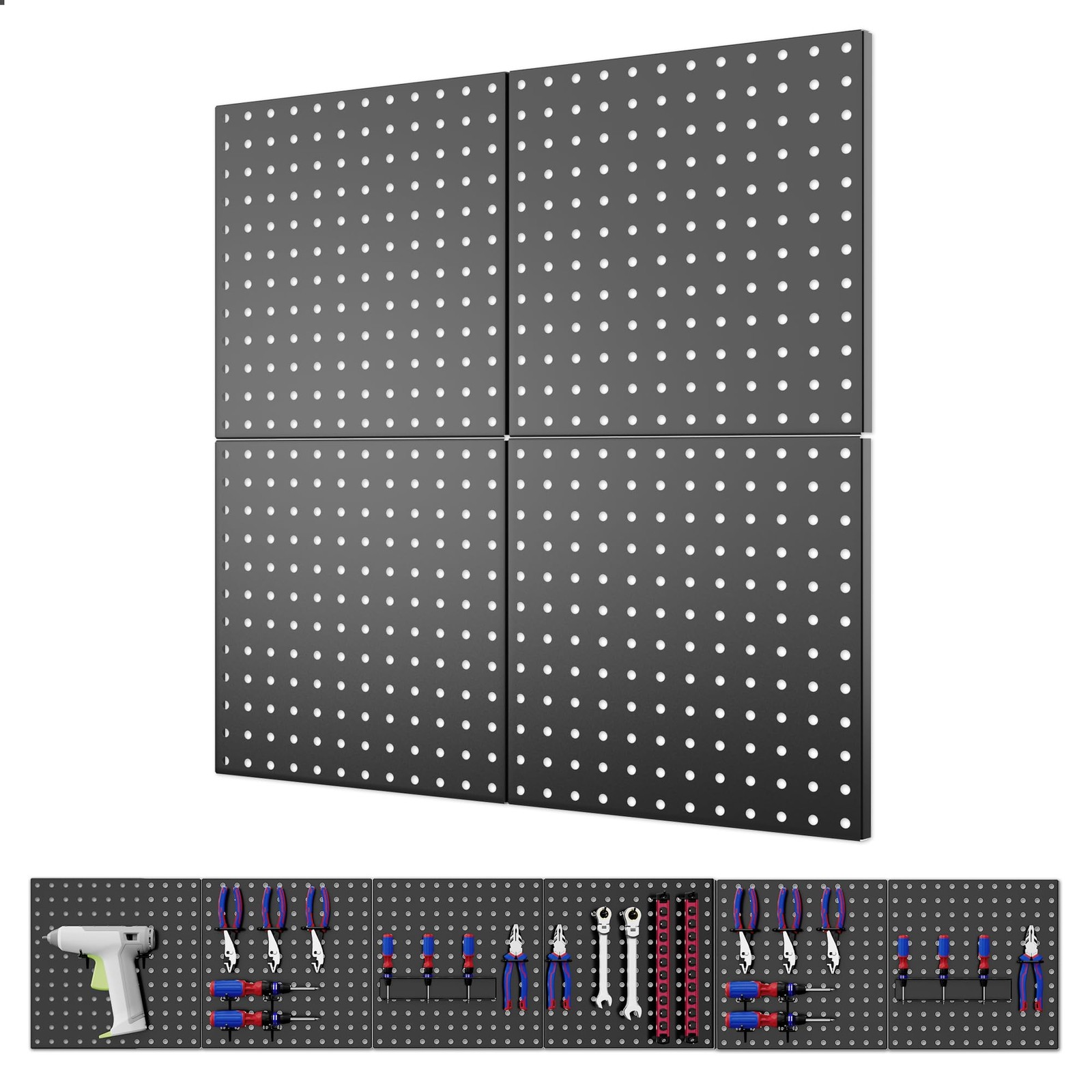 4 Pack Black Metal Pegboard Panels, 12x12 Inch, Heavy Duty Wall Organizer