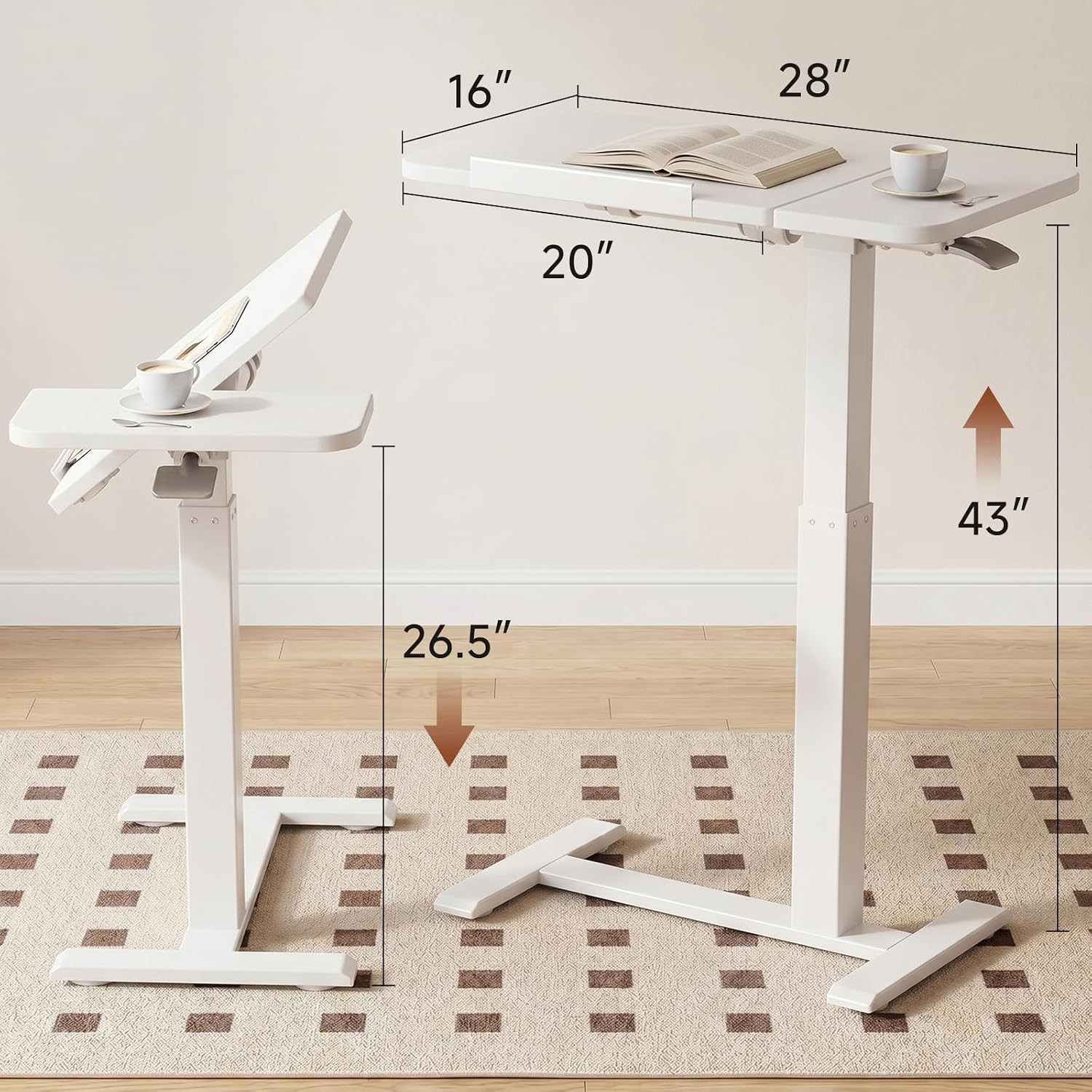 Pneumatic Adjustable Standing Desk, 28 Inch Tiltable Mobile Rolling Laptop Table