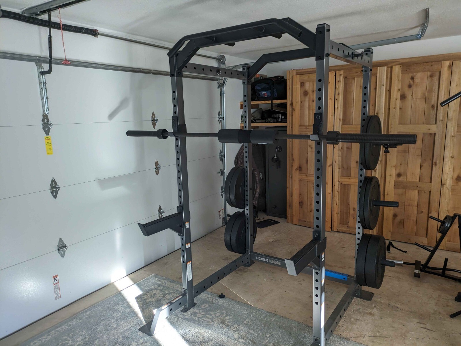 Squat/Bench Rack with Pull up bar, Full plate set, Safety guards, 45lb bar