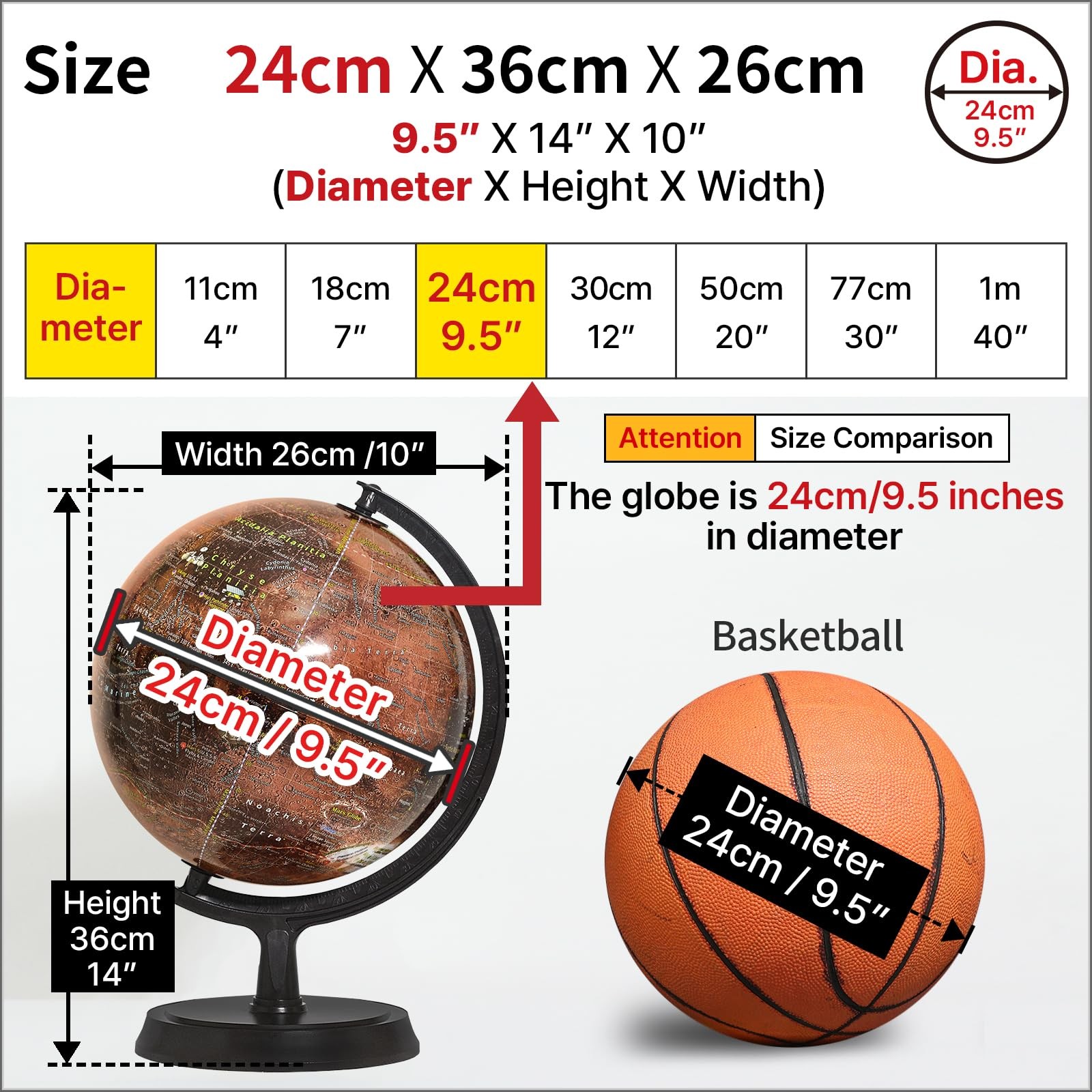 Mapsoft Explorer Illuminated Red Mars Globe, 24cm/9.5", RI-24, Mars Map, Mars...