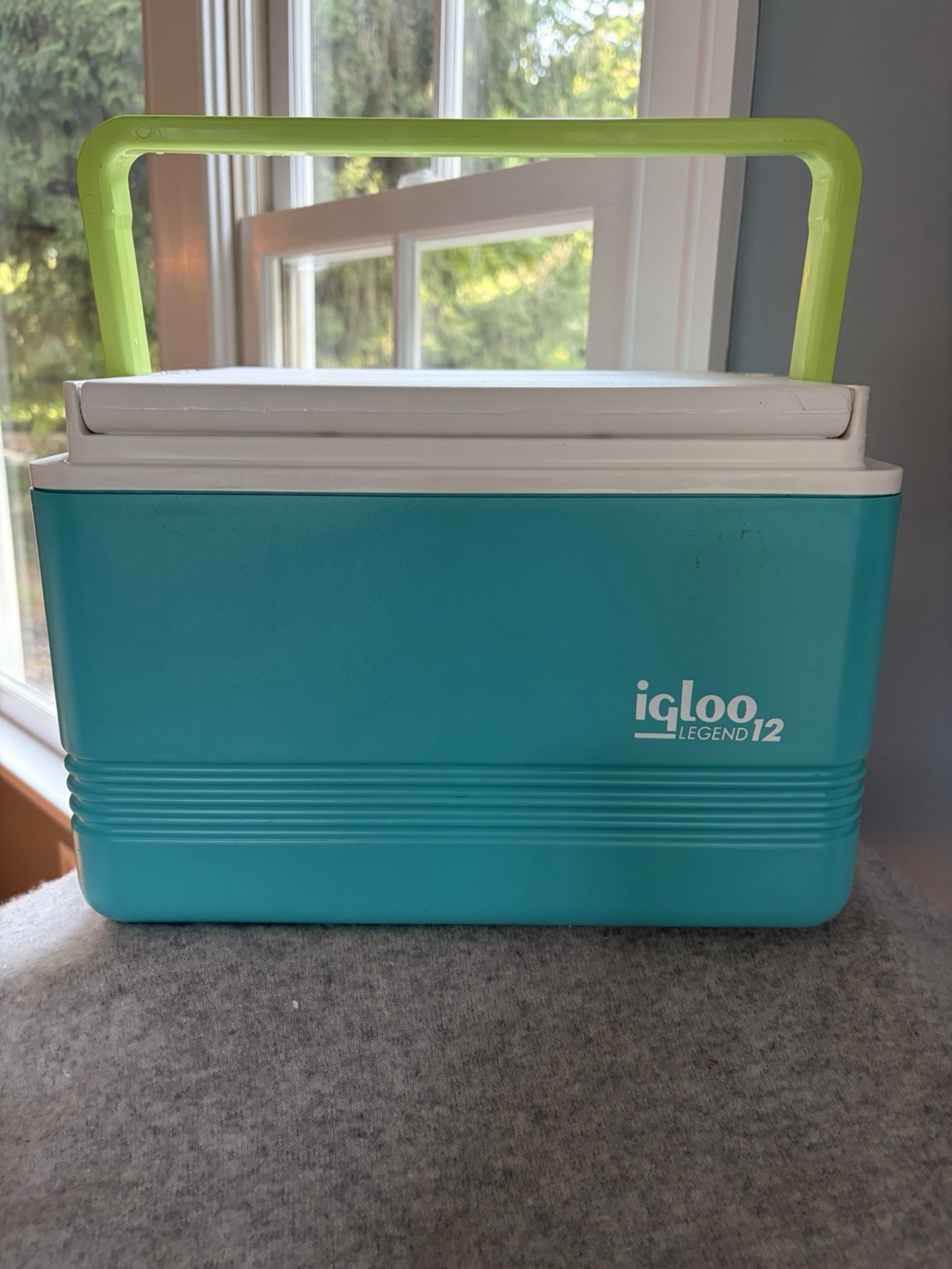 VTG Igloo Legend 12 Can Cooler 1990’s Retro Aqua Teal Lime Green Handle USA
