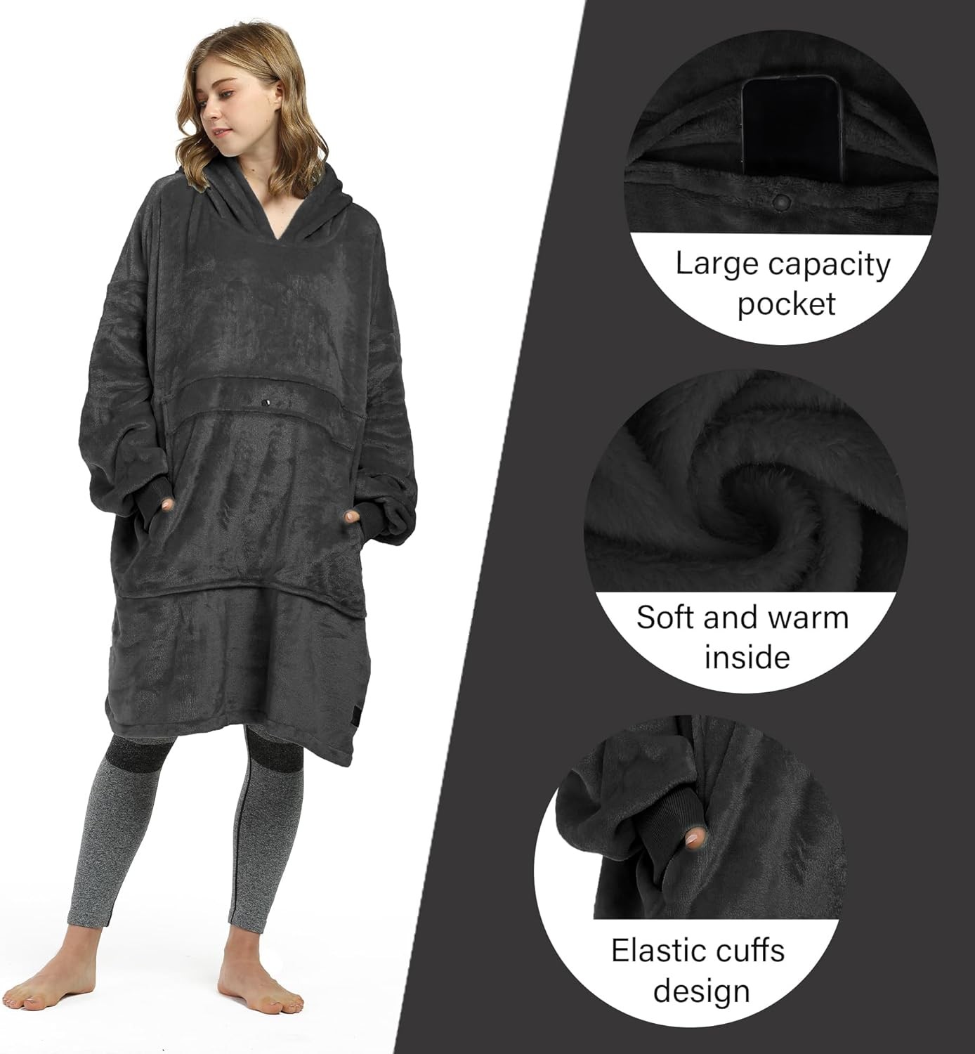 Catalonia Oversized Blanket Hoodie Adult-Extra Long, Black-ankle Length