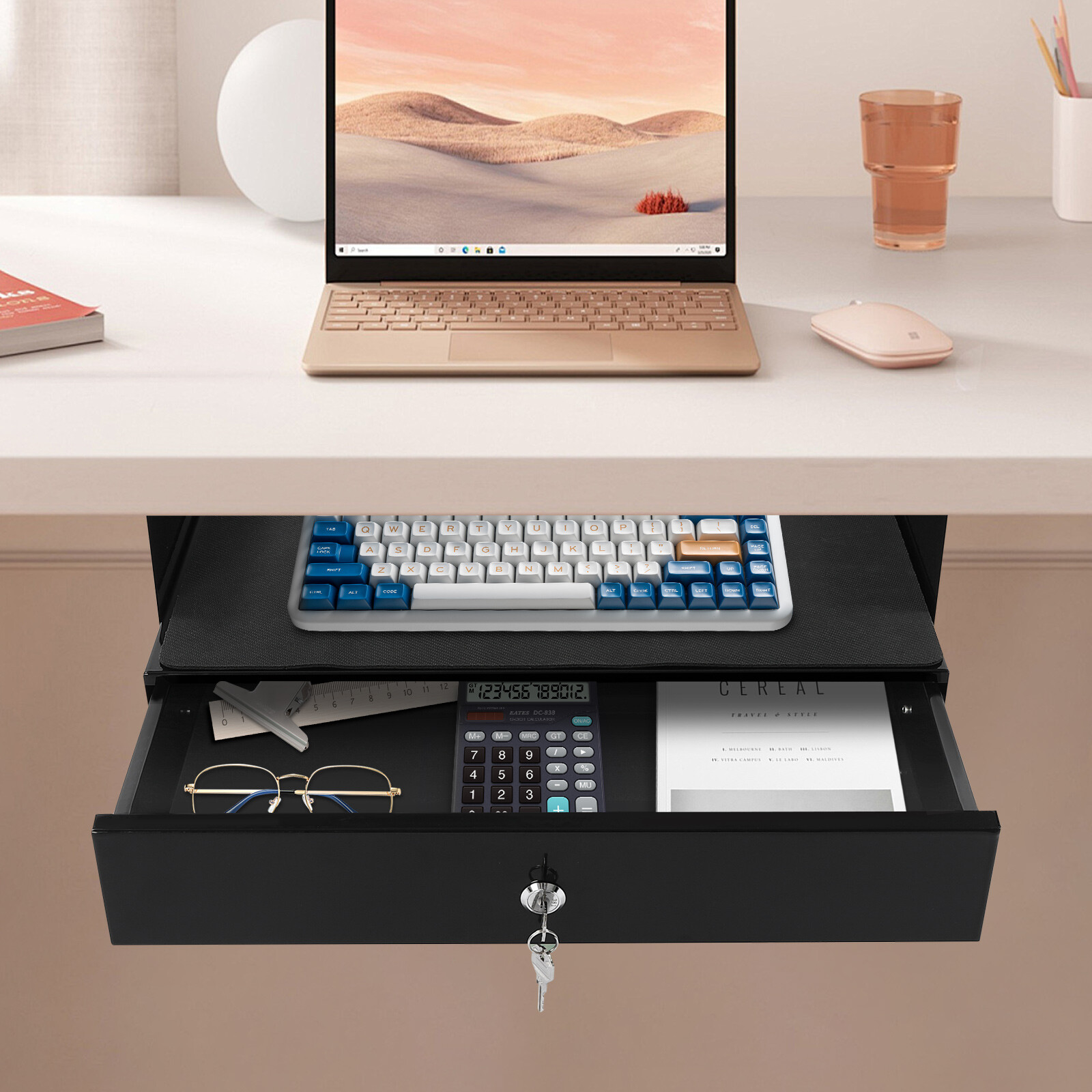 Under Desk Sliding Pull-Out Drawer With Computer Pad & Lock Black