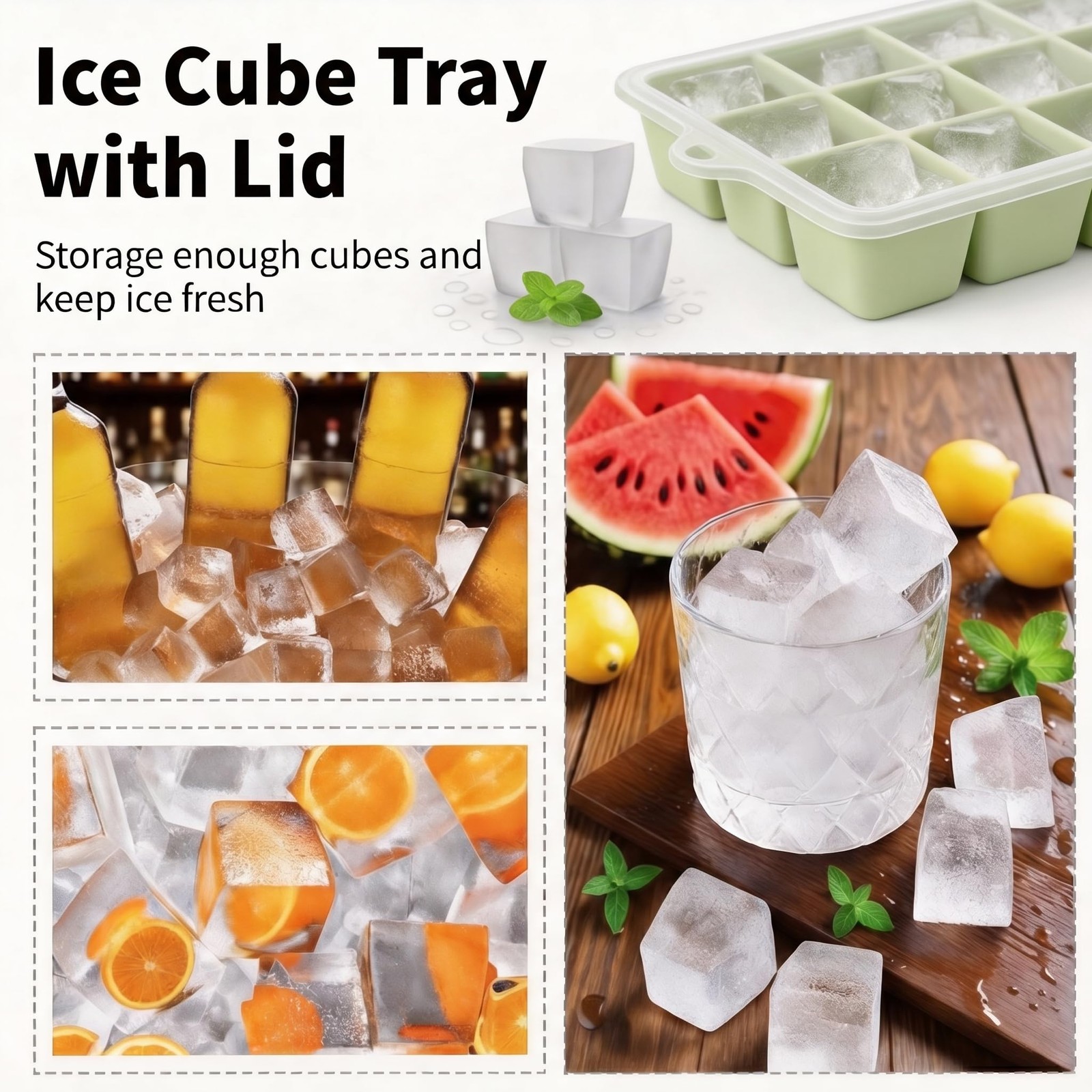 2 Pack Green Silicone Ice Cube Trays Easy Release with Lids