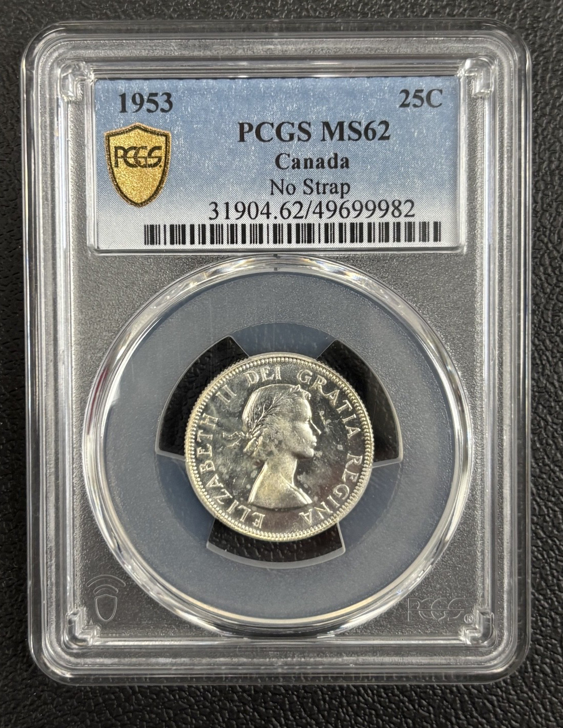 1953 CANADIAN QUARTER PCGS MS 62 - NO STRAP - 80% SILVER - UNCIRCULATED - 25C
