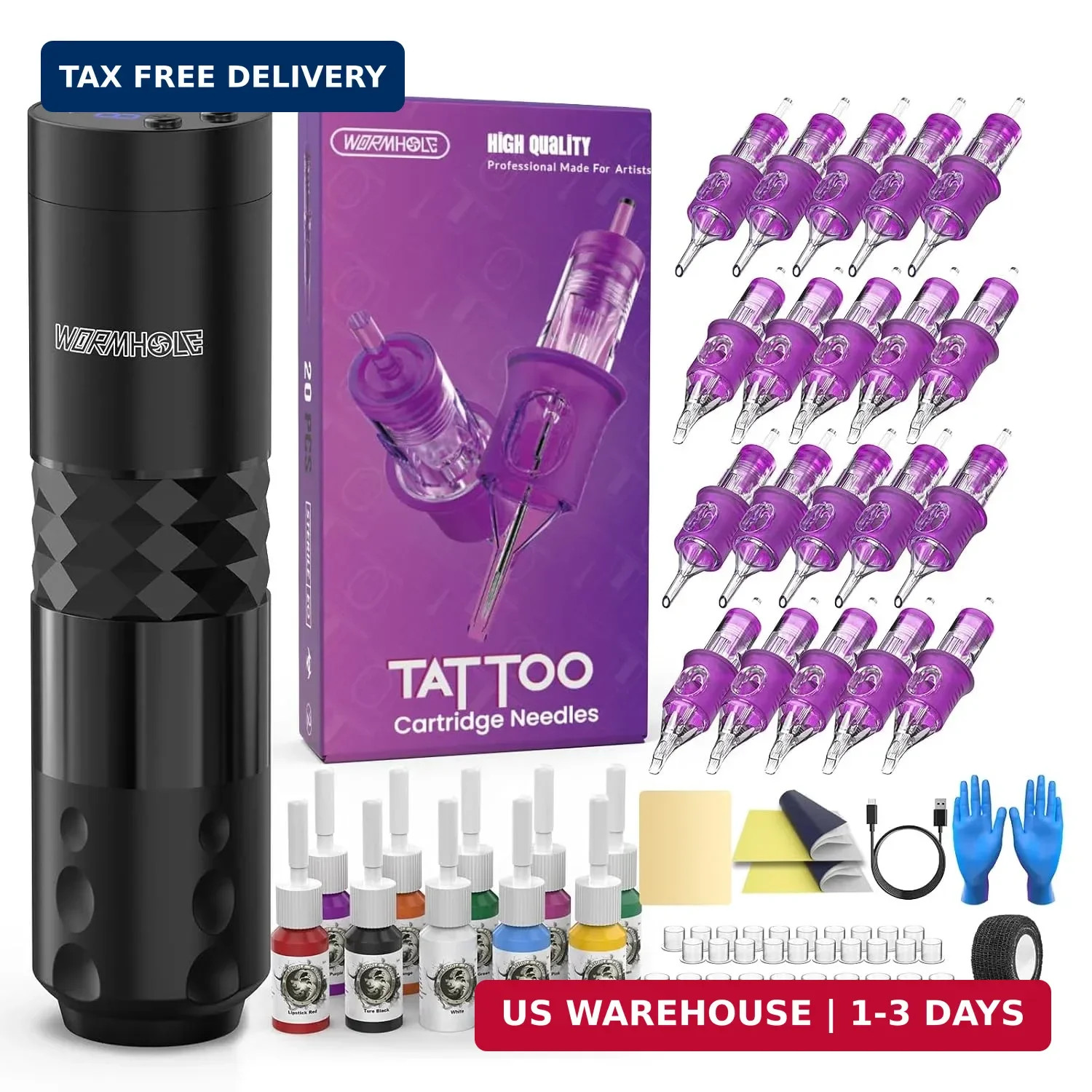 Wormhole Tattoo 78PCS Wireless Tattoo Gun Kit with 1,500 mAh Capacity Battery, T