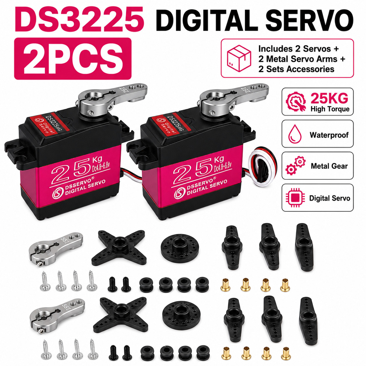 2PCS 25KG High Torque Digital Servo Metal Gear Waterproof for 1/8 1/10 RC Car