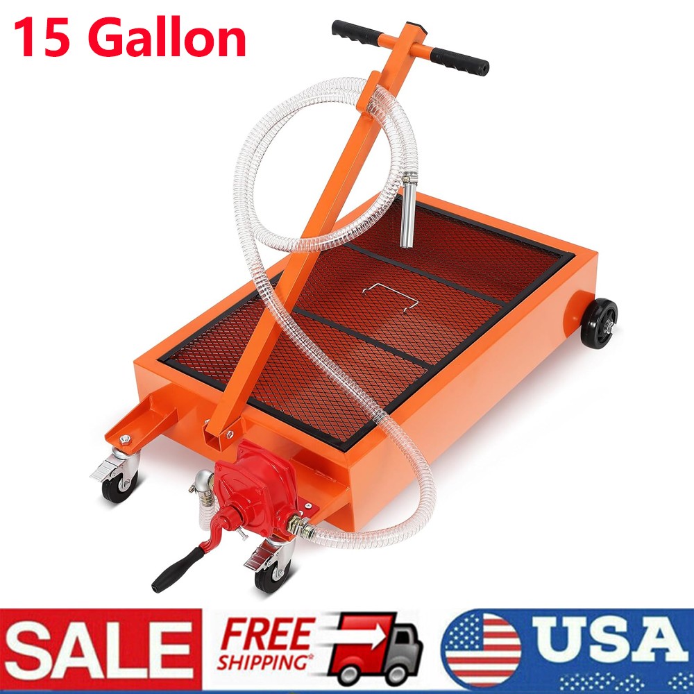 15 Gallon Oil Drain Pan with Manual Pump & Hose, Low Profile Oil Drain Cart