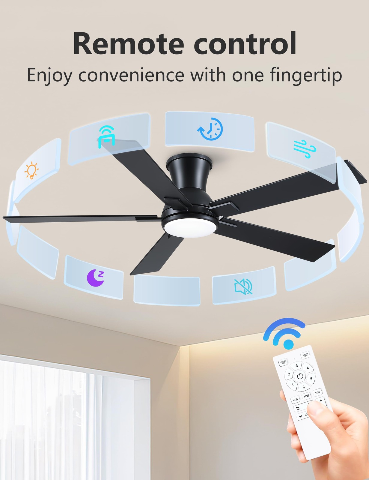 52 Inch Black Flush Mount Ceiling Fan with Light, 52 inch-flush mount,